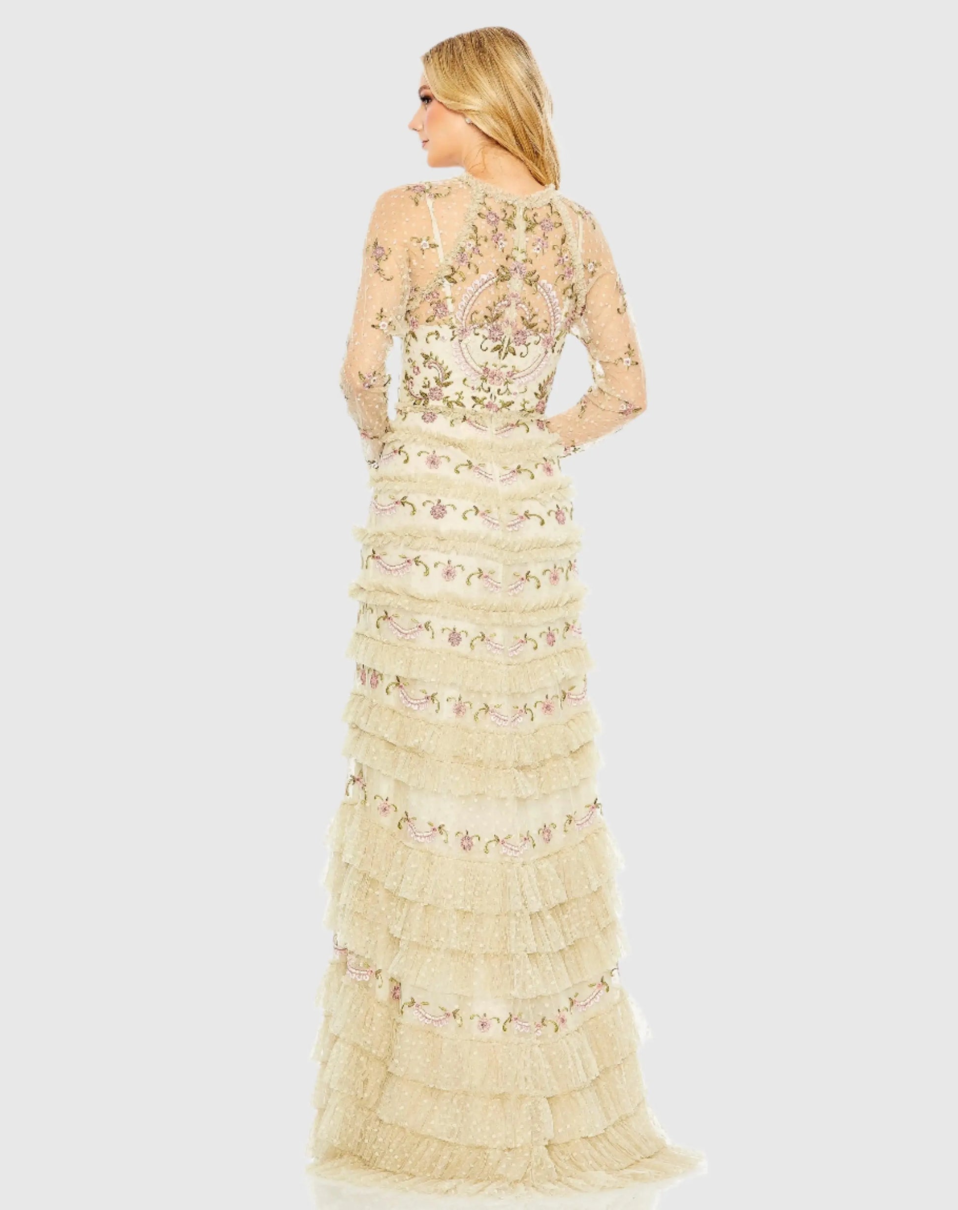 Beige Mesh Polka Dot Long Sleeve Floral Ruffle Tired Gown - Mac Duggal