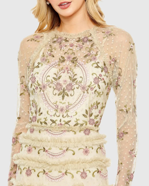Beige Mesh Polka Dot Long Sleeve Floral Ruffle Tired Gown - Mac Duggal