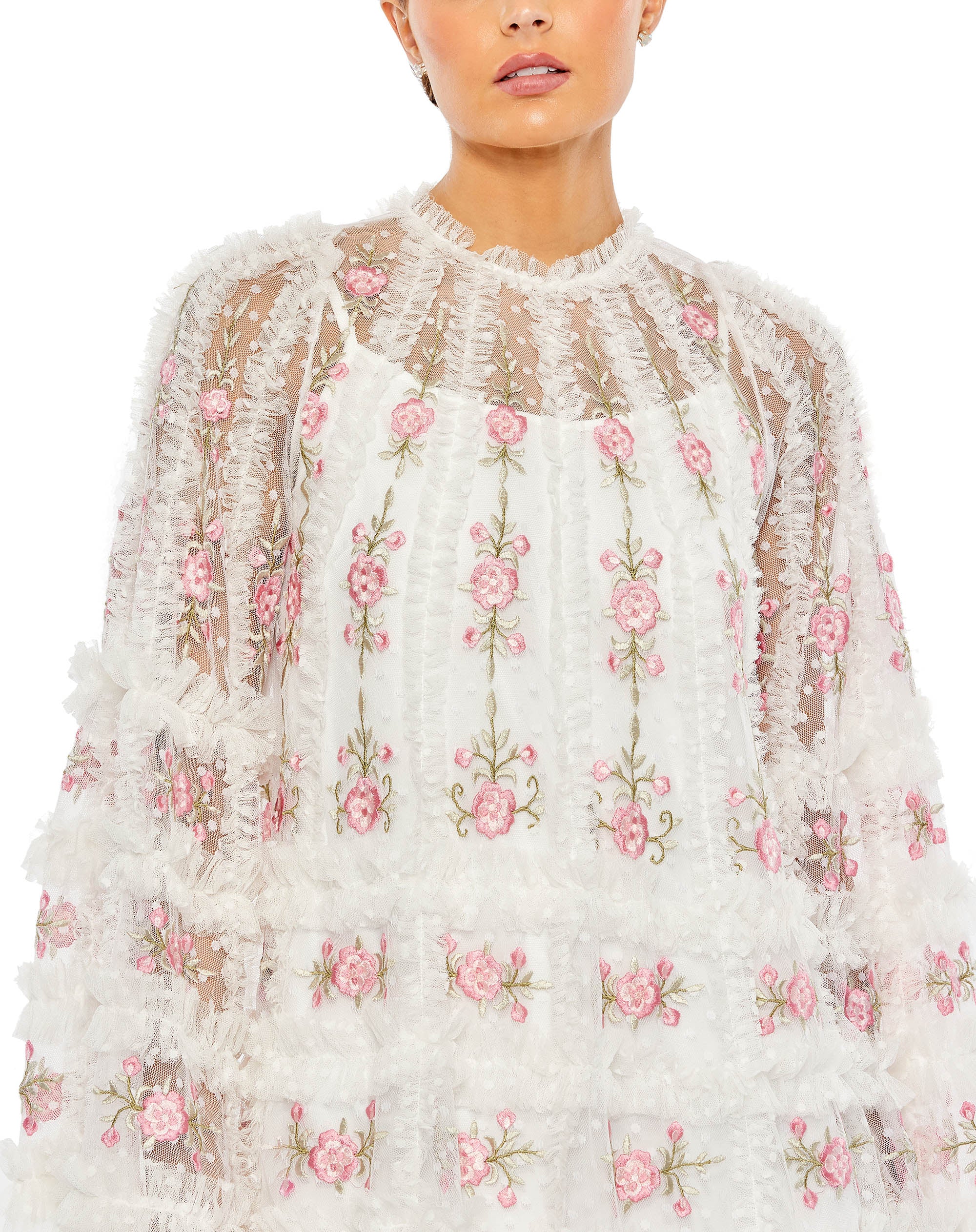 Embroidered Long Flare Sleeve Mesh A-Line Dress