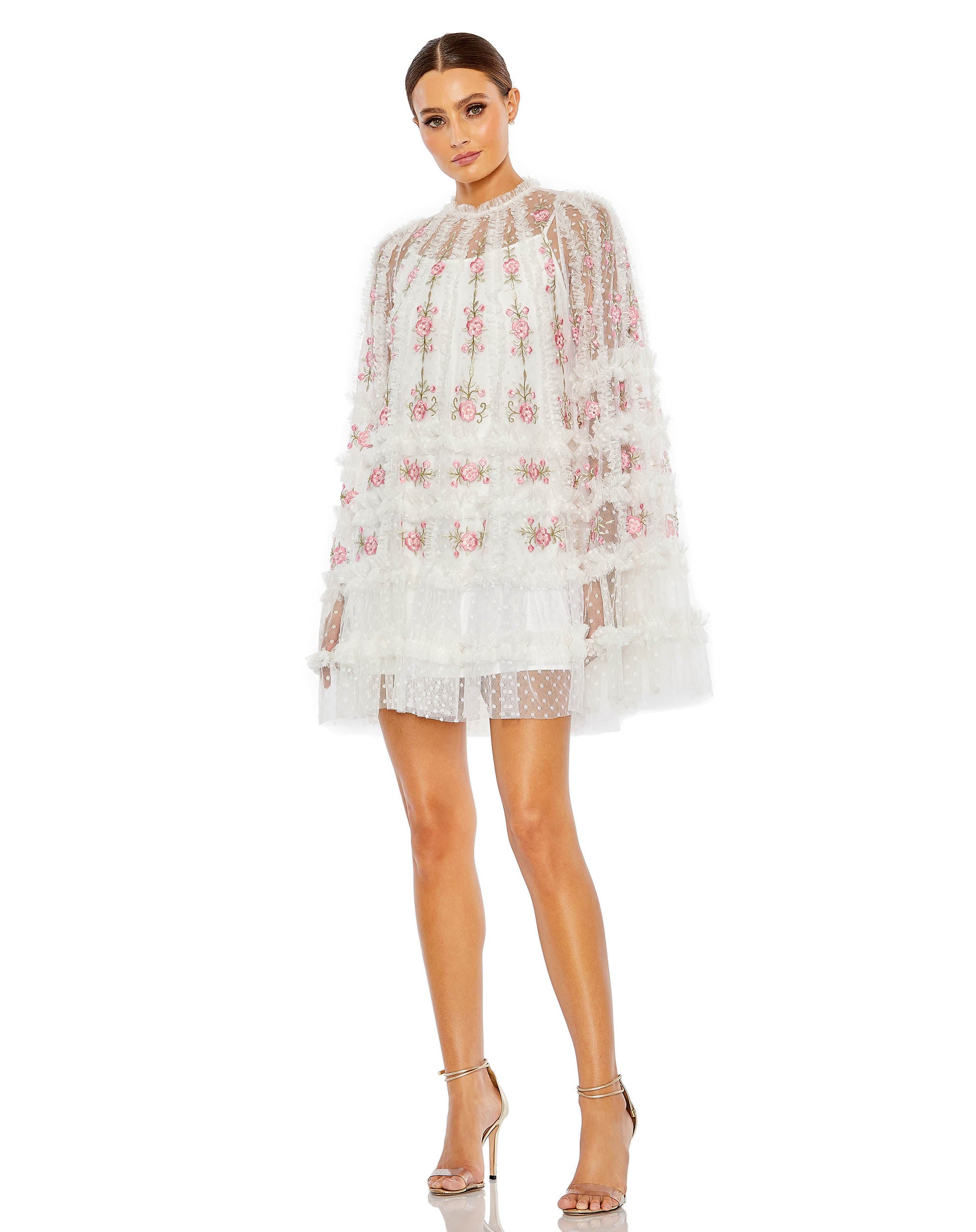 Embroidered Long Flare Sleeve Mesh A-Line Dress