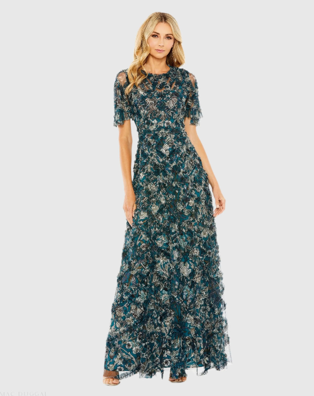 Flutter Sleeve Floral Ruffle Detail Maxi Dress | Mac Duggal Flutter Sleeve Floral Ruffle Detail Maxi Dress | Mac Duggal