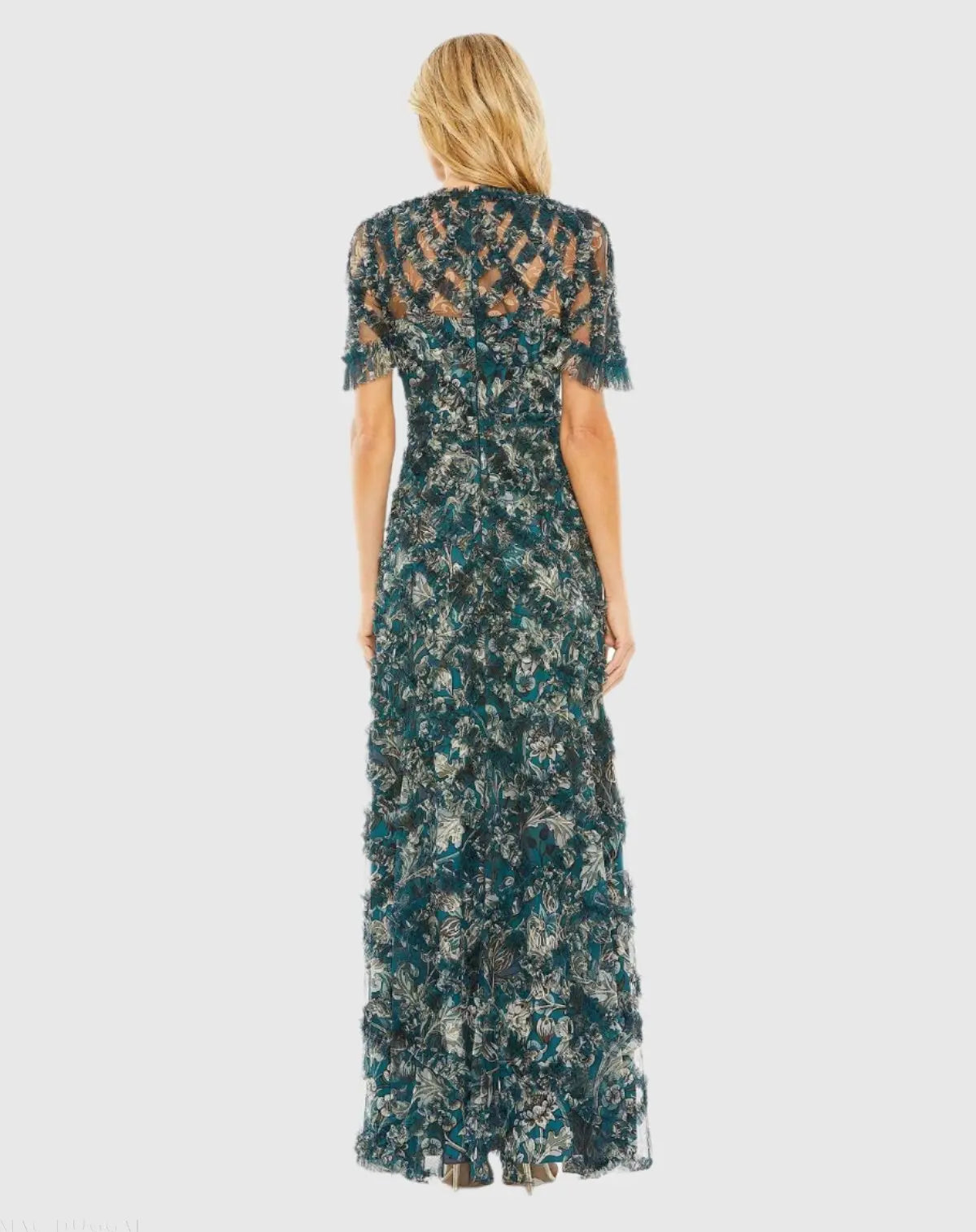 Mac Duggal - Blue Flutter Sleeve Floral Ruffle Detail Maxi Dress - Teal Multi / US 16 Mac Duggal - Blue Flutter Sleeve Floral Ruffle Detail Maxi Dress - Teal Multi / US 16