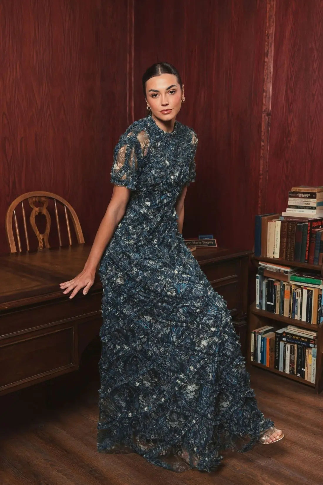 Blue Flutter Sleeve Floral Ruffle Detail Maxi Dress - Mac Duggal