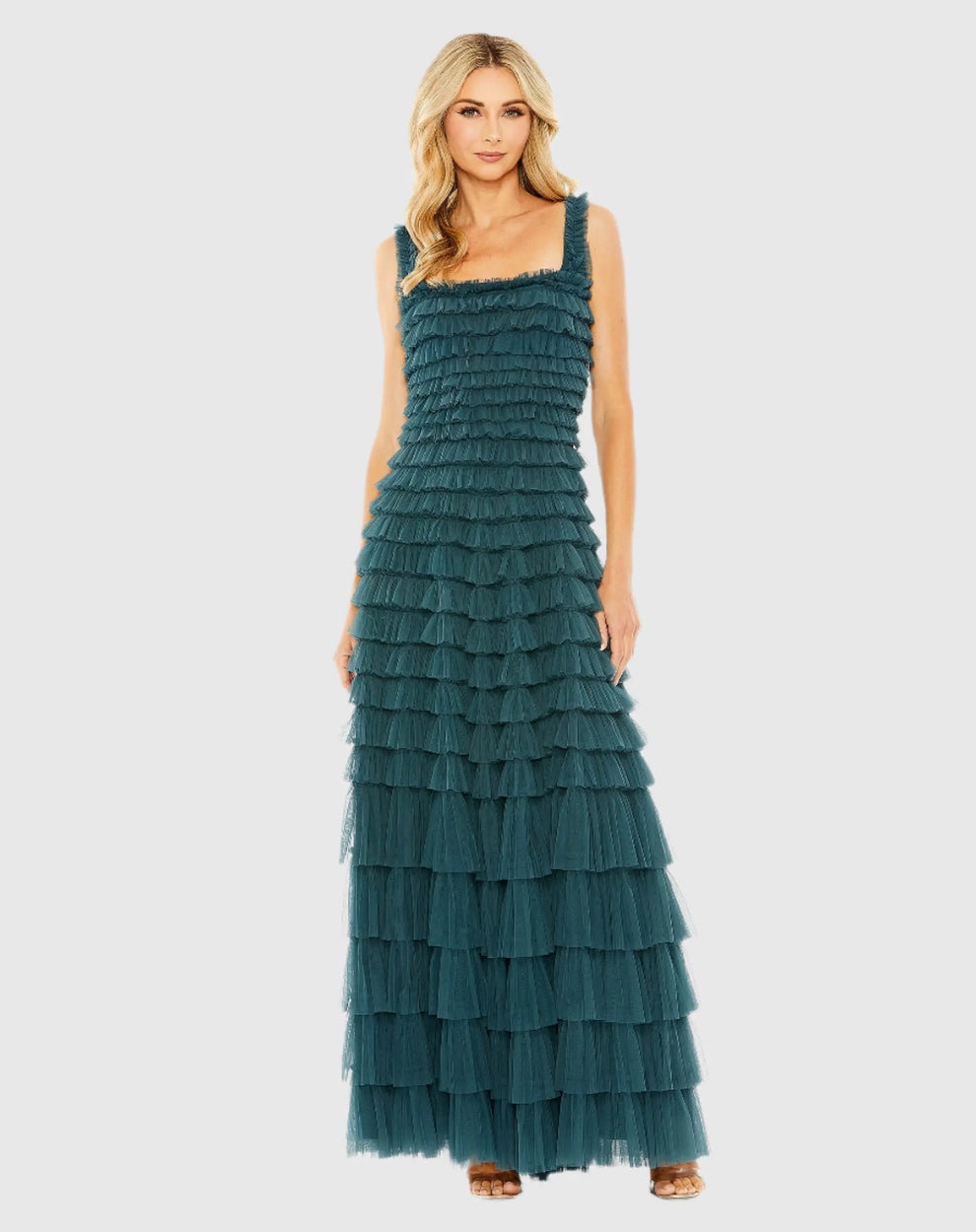 Teal Sleeveless Ruffle Layered Gown | Mac Duggal