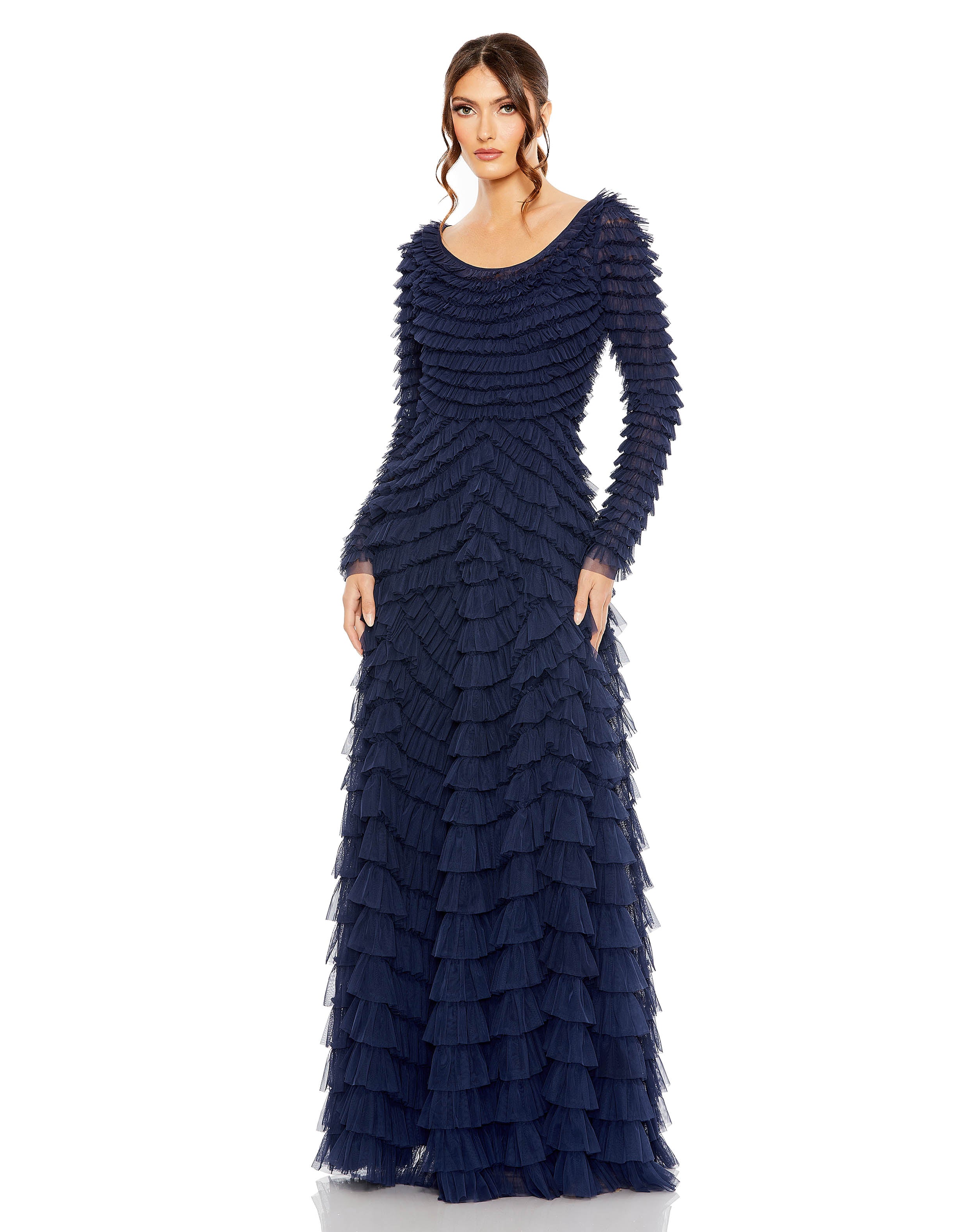 Long Sleeve High Neck Tiered Ruffle Gown | Sample | Sz. 2