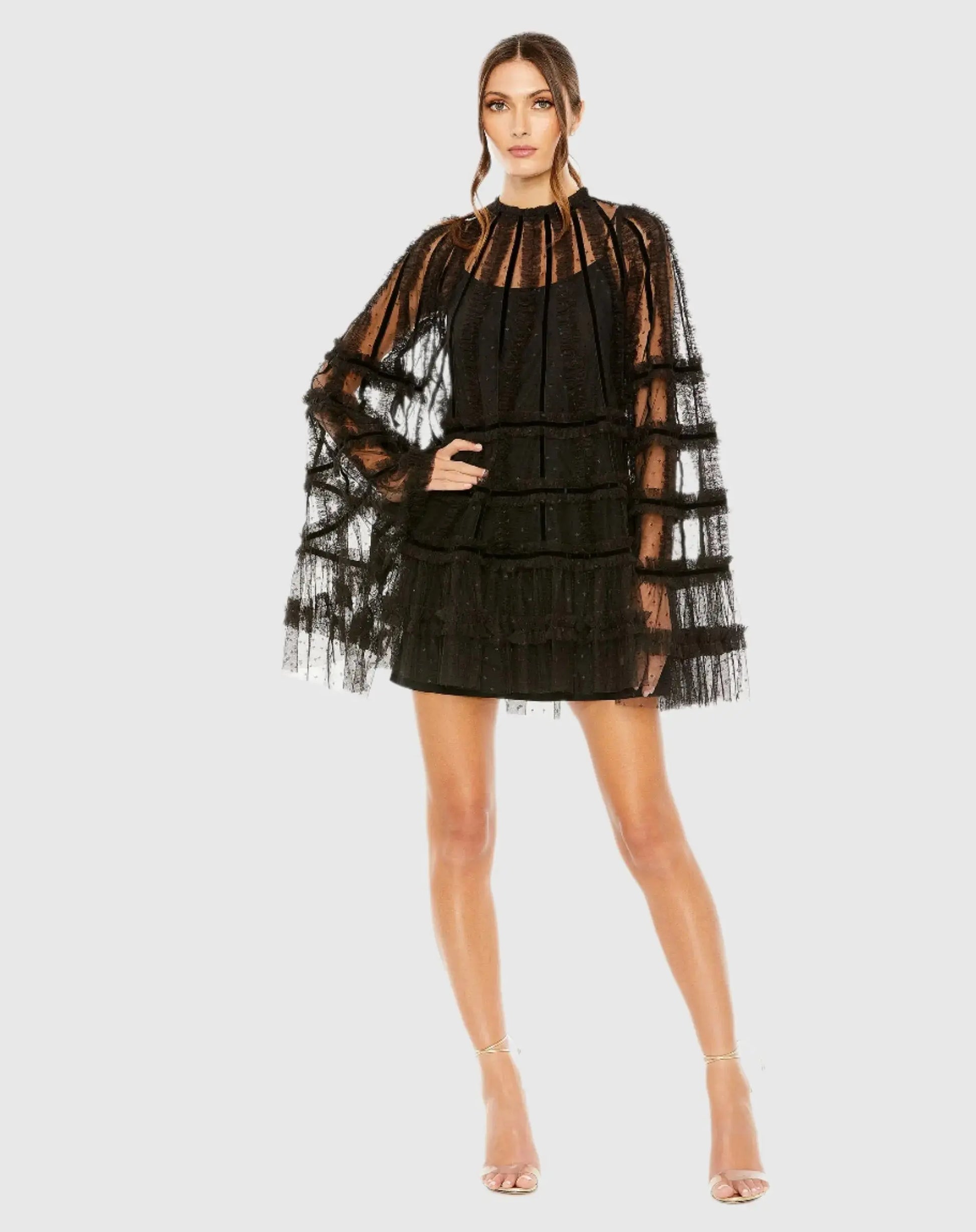 High Neck Ruffle Bell Sleeve Trapeze Dress High Neck Ruffle Bell Sleeve Trapeze Dress