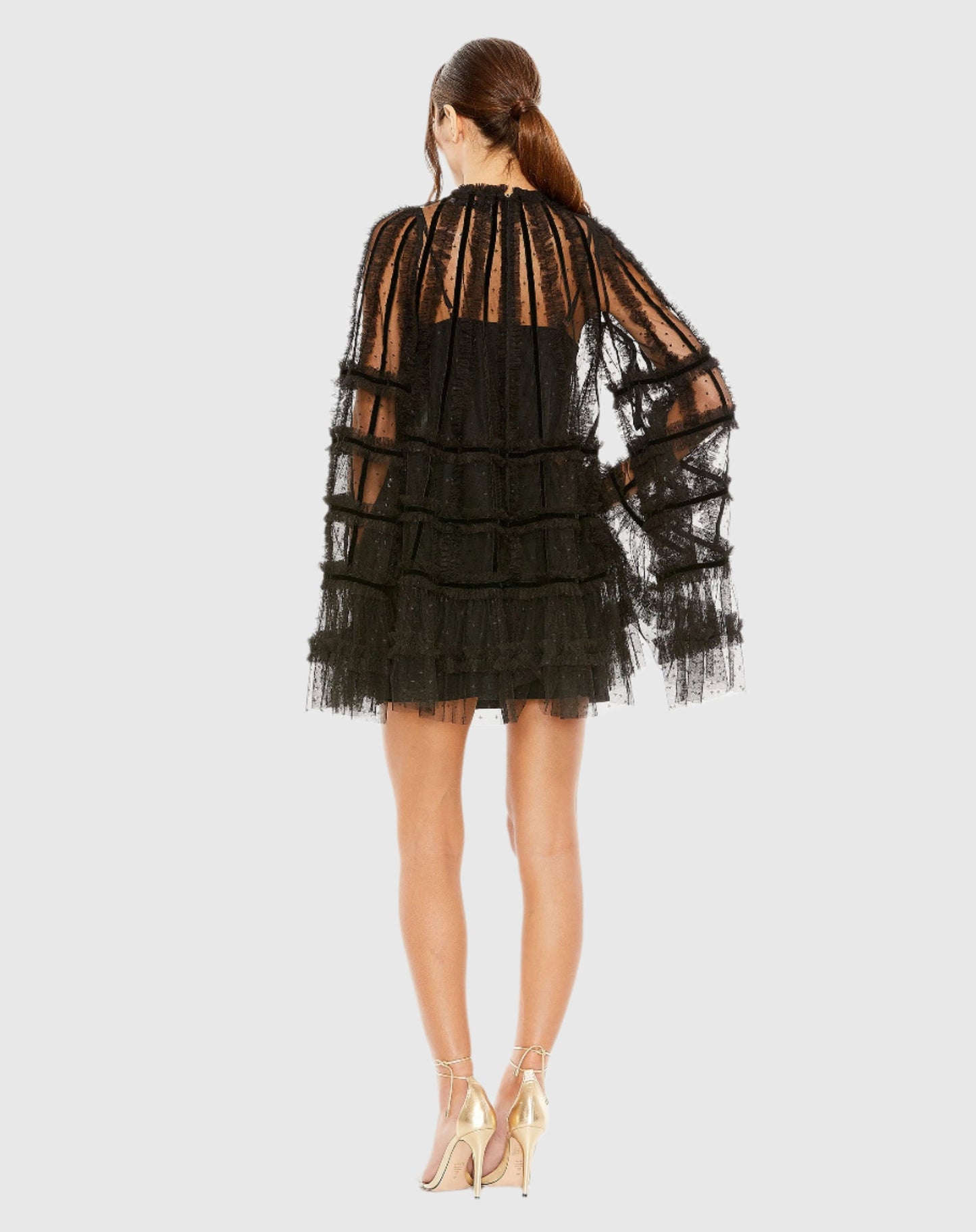 High Neck Ruffle Bell Sleeve Trapeze Dress