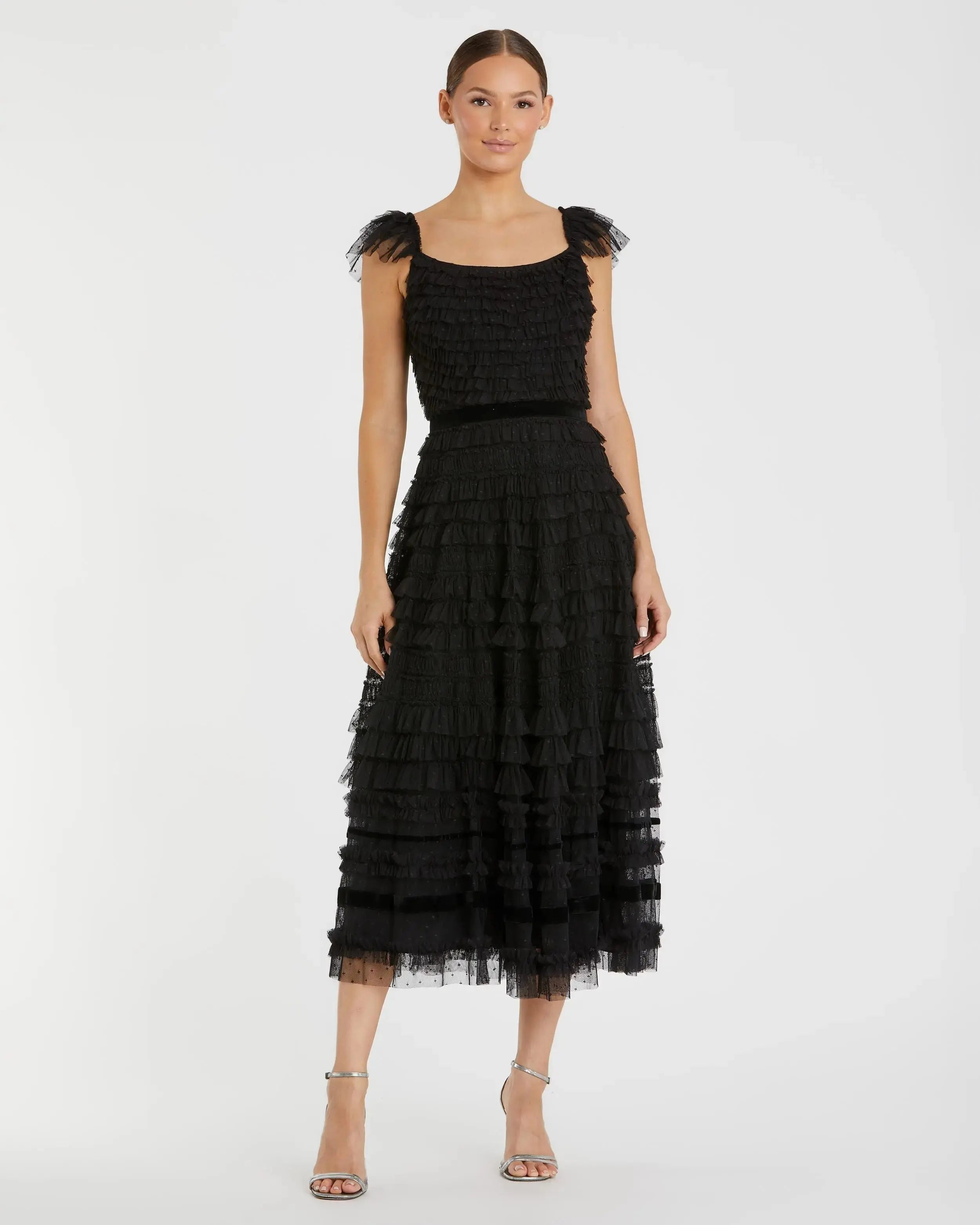 Black Ruffle Cap Sleeve Tiered Midi Dress - Mac Duggal