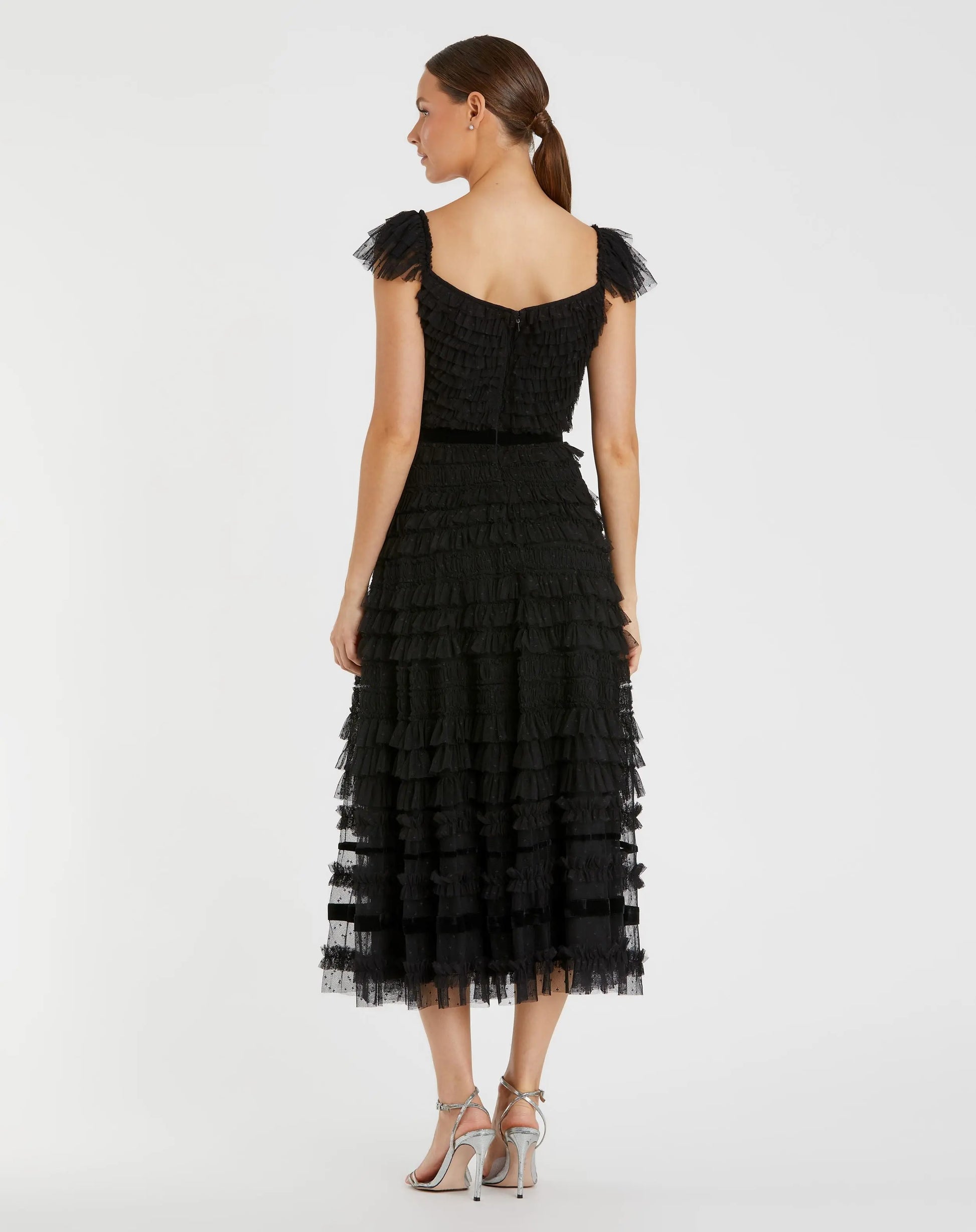 Mac Duggal - Black Ruffle Cap Sleeve Tiered Midi Dress - US 16 Mac Duggal - Black Ruffle Cap Sleeve Tiered Midi Dress - US 16