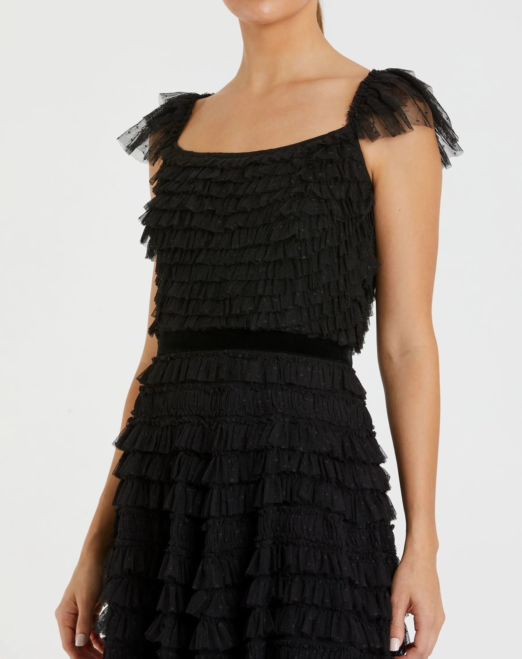 Black Ruffle Cap Sleeve Tiered Midi Dress - Mac Duggal