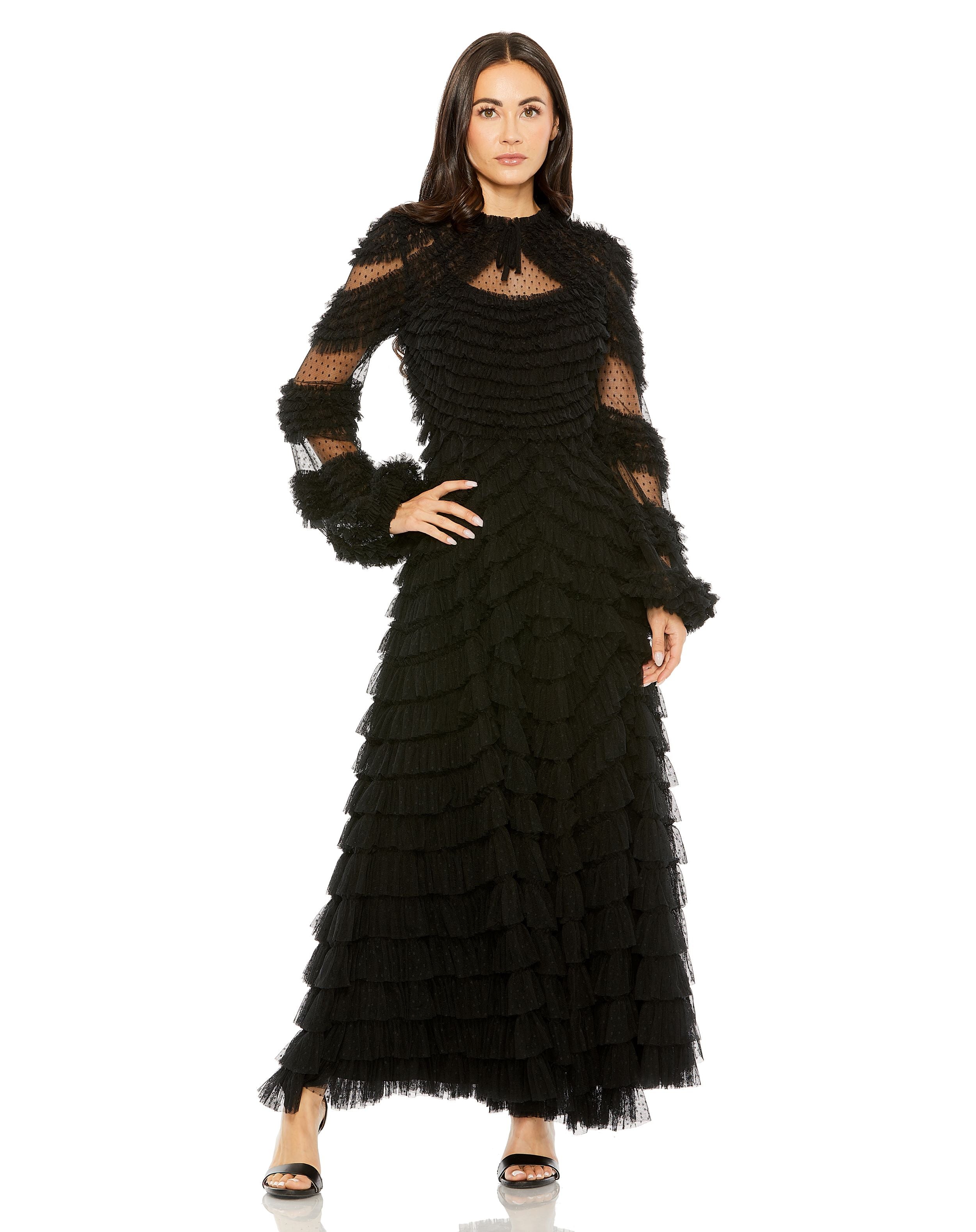 High Neck Puff Long Sleeve Ruffle Tiered Gown | Sample | Sz. 2