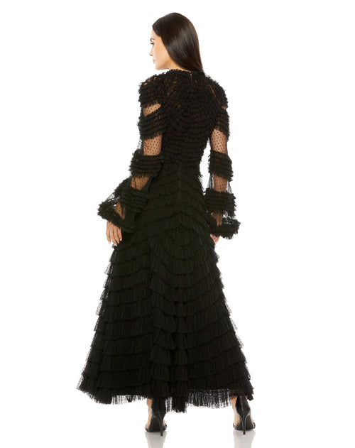 High Neck Puff Long Sleeve Ruffle Tiered Gown | Sample | Sz. 2