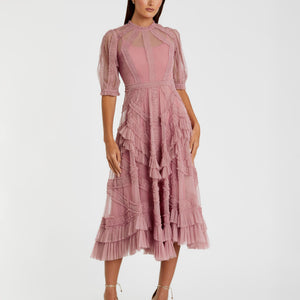 High Neck Puff Sleeve Ruffle Tiered Dress