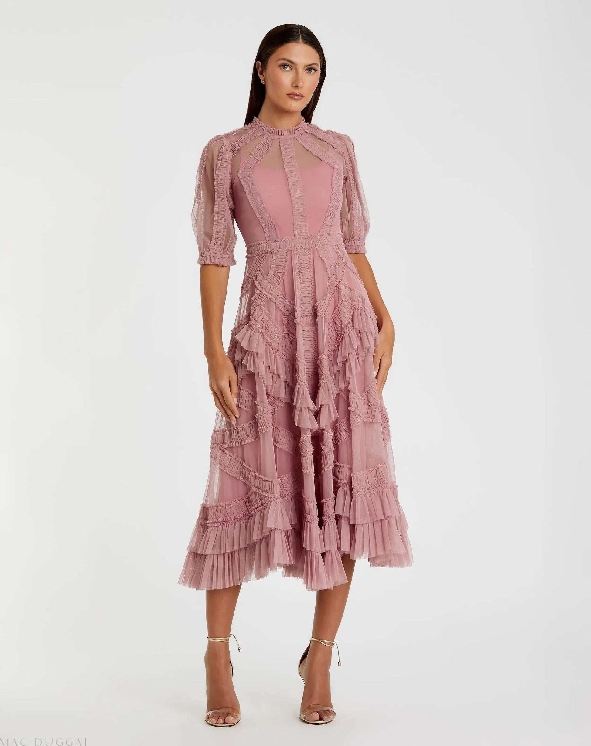 Pink High Neck Ruffle Tiered A-Line Midi Dress | Mac Duggal Pink High Neck Ruffle Tiered A-Line Midi Dress | Mac Duggal