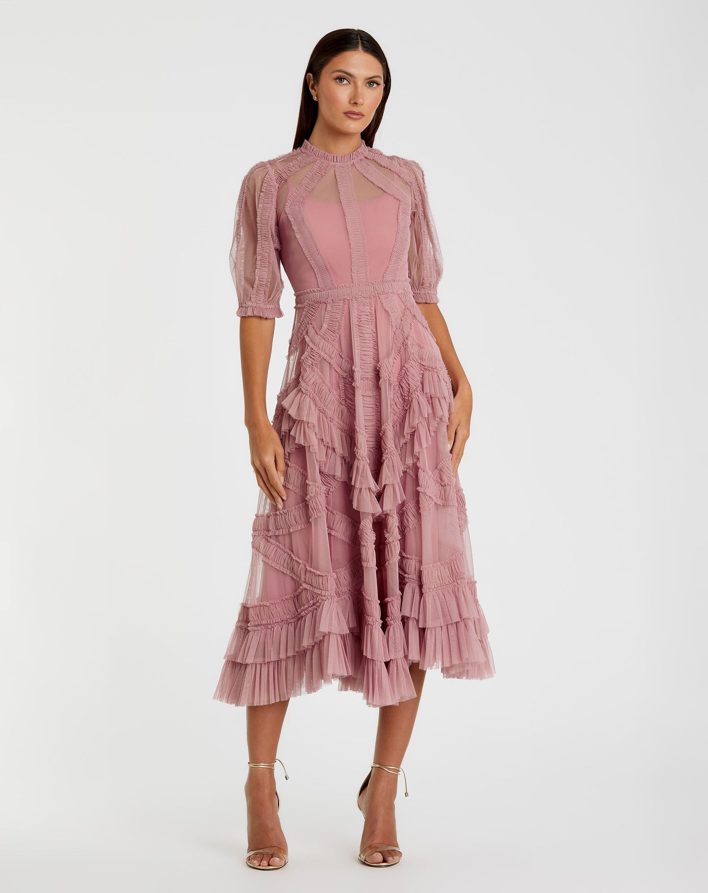 High Neck Puff Sleeve Ruffle Tiered Dress