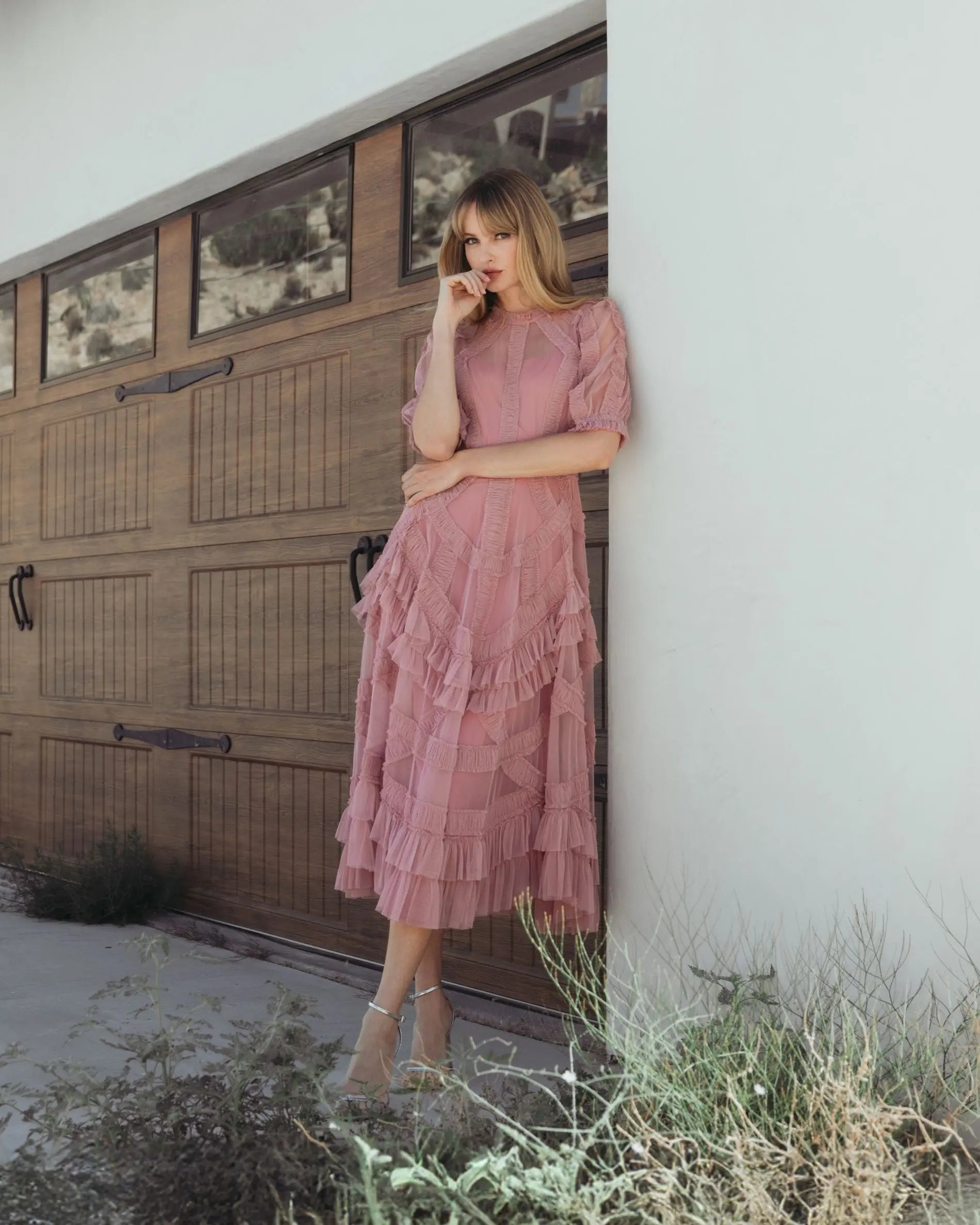 Pink High Neck Ruffle Tiered A-Line Midi Dress | Mac Duggal Pink High Neck Ruffle Tiered A-Line Midi Dress | Mac Duggal