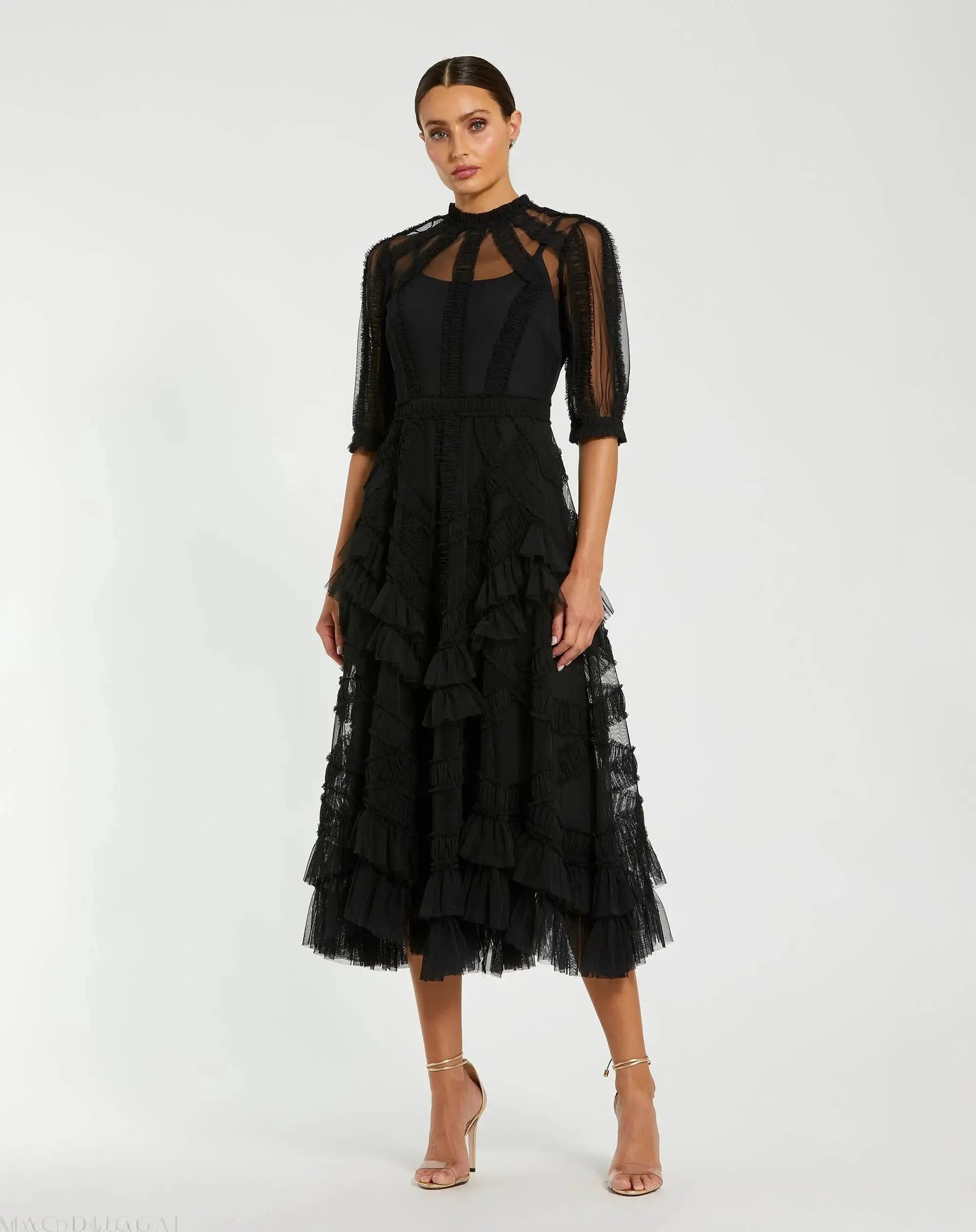 Black High Neck Micro Ruffle Tiered Midi Dress - Mac Duggal