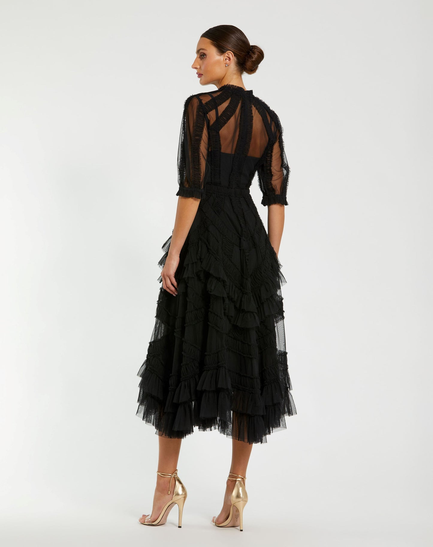 High Neck Puff Sleeve Ruffle Tiered Dress