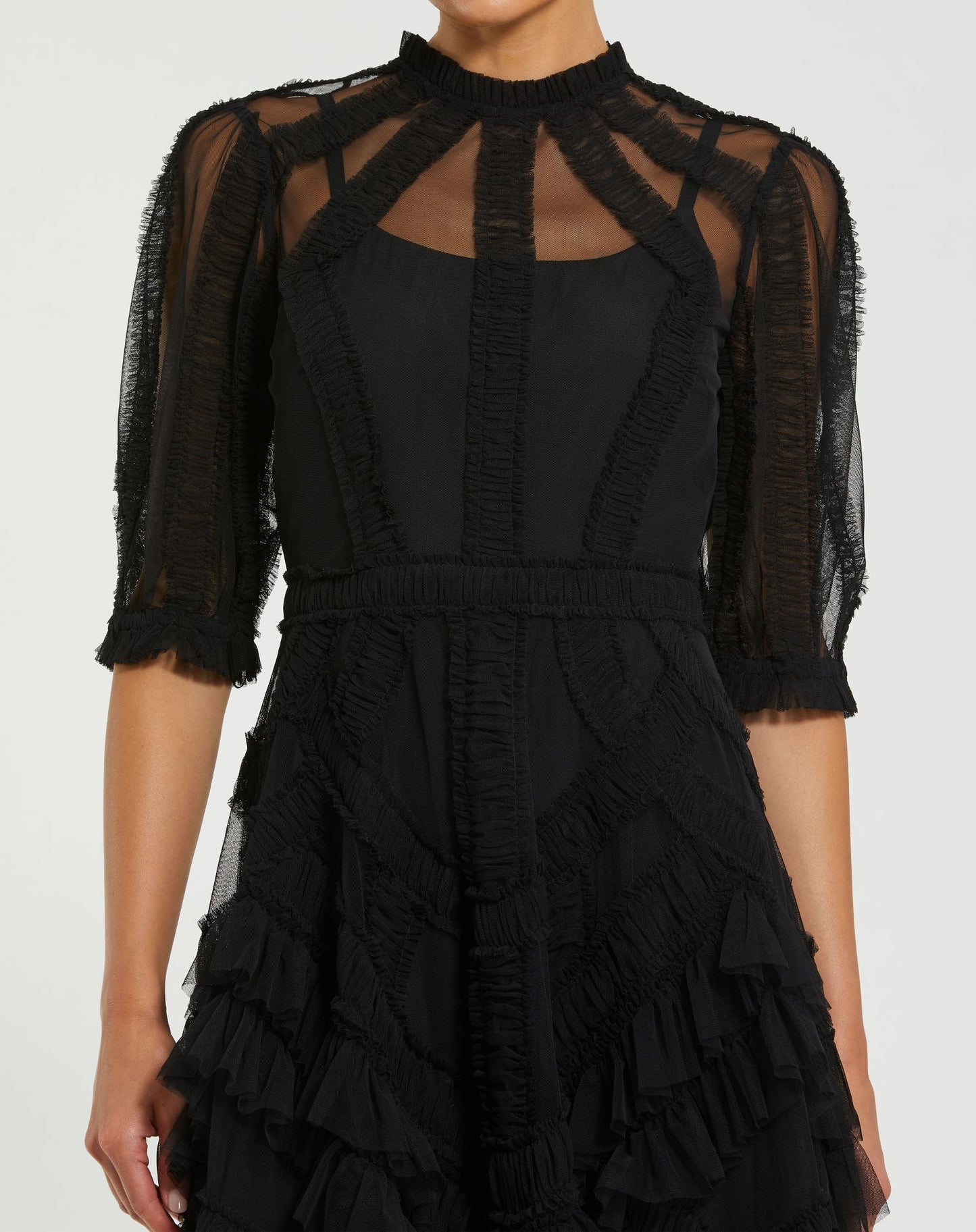 High Neck Puff Sleeve Ruffle Tiered Dress