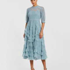 High Neck Micro Ruffle Tiered Midi Dress