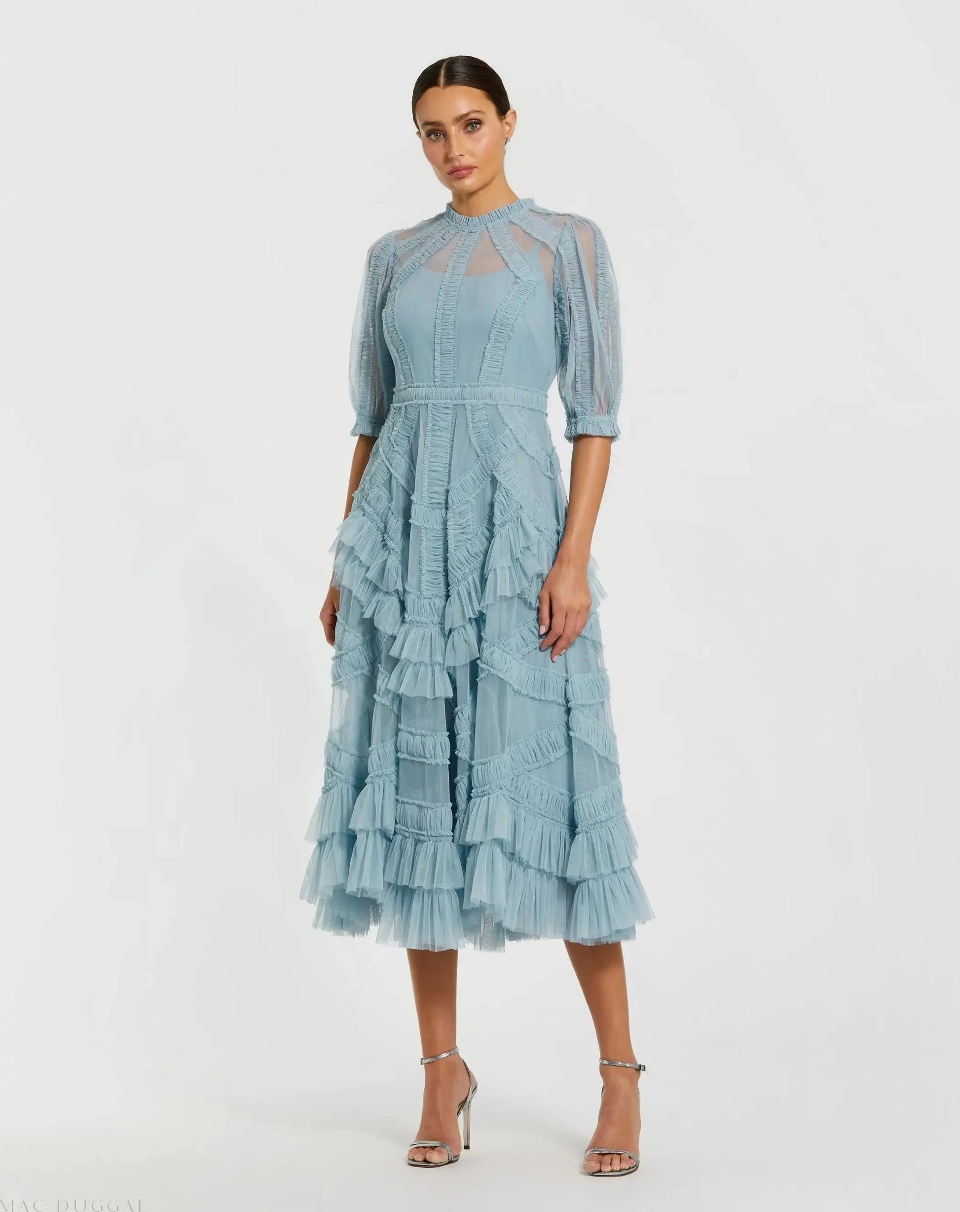 Blue High Neck Ruffle Tiered A-Line Midi Dress | Mac Duggal Blue High Neck Ruffle Tiered A-Line Midi Dress | Mac Duggal