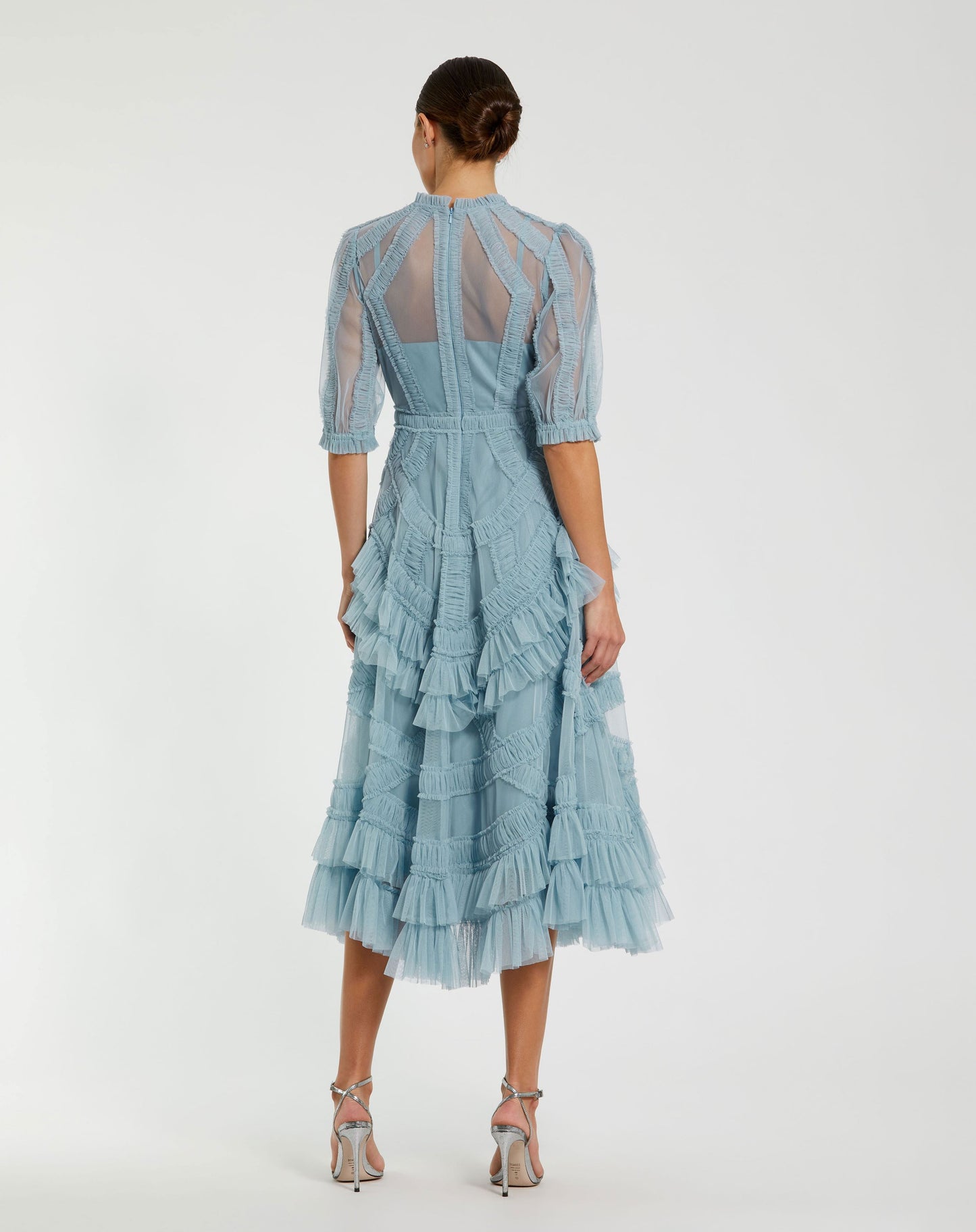 High Neck Puff Sleeve Ruffle Tiered Dress