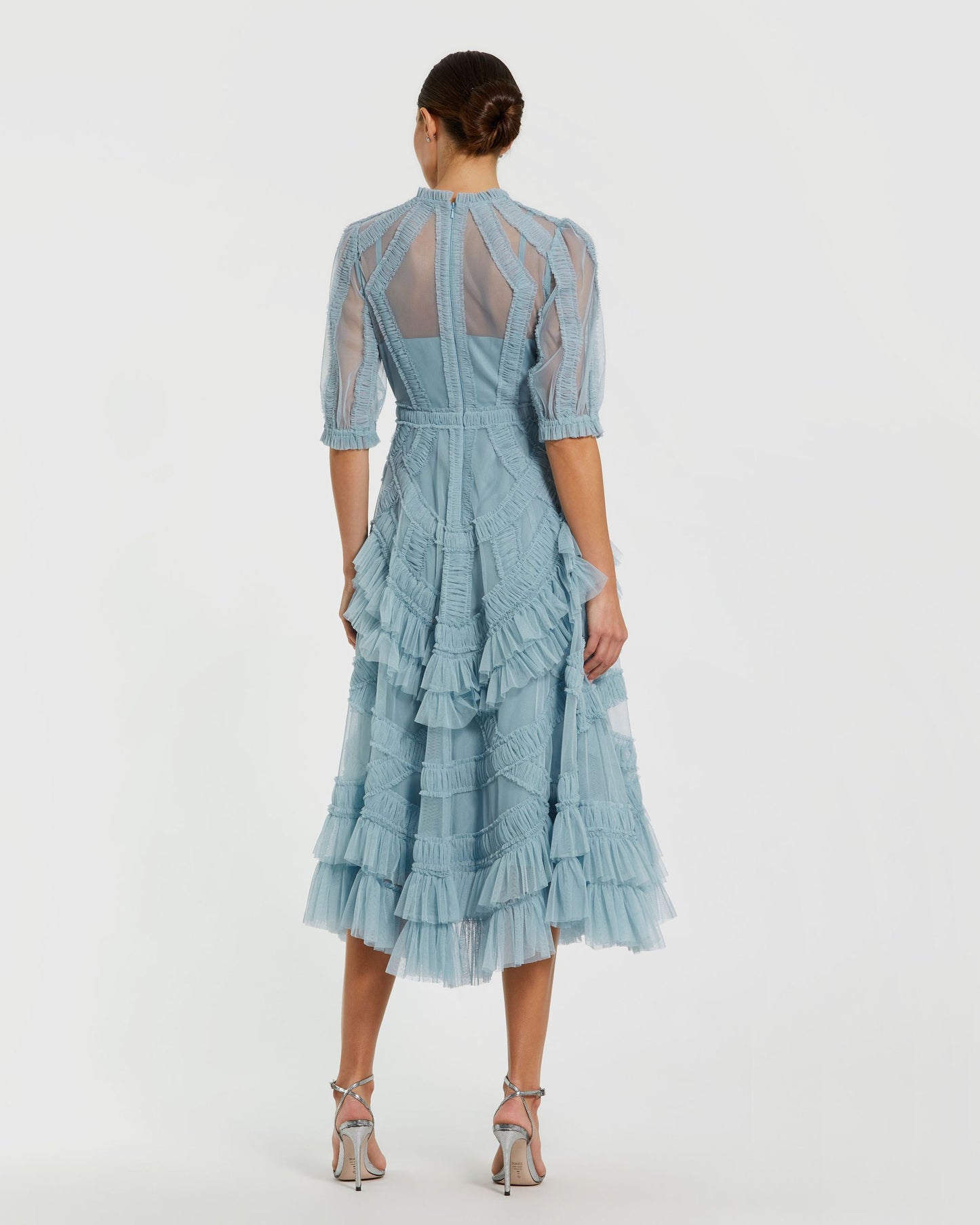 Light Blue High Neck Micro Ruffle Tiered Midi Dress