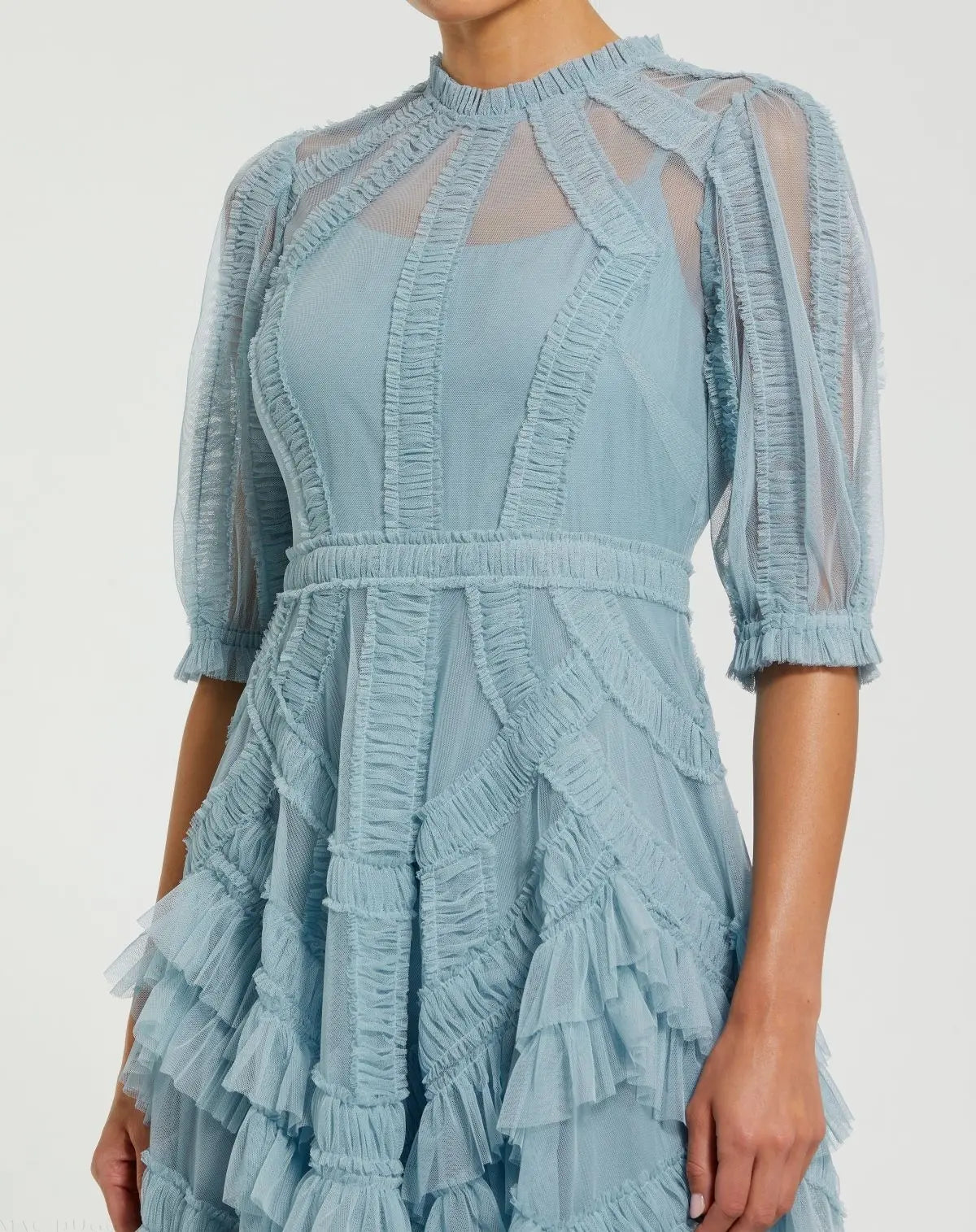Blue High Neck Ruffle Tiered A-Line Midi Dress | Mac Duggal