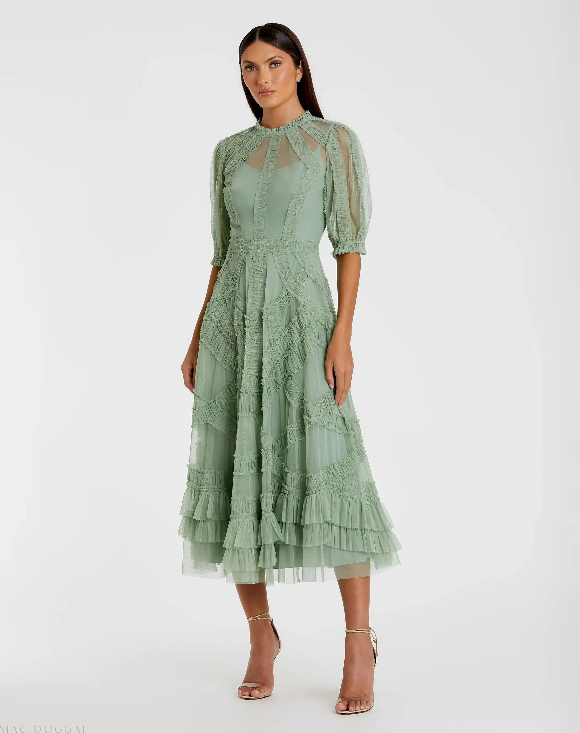Green High Neck Ruffle Tiered A-Line Midi Dress | Mac Duggal Green High Neck Ruffle Tiered A-Line Midi Dress | Mac Duggal