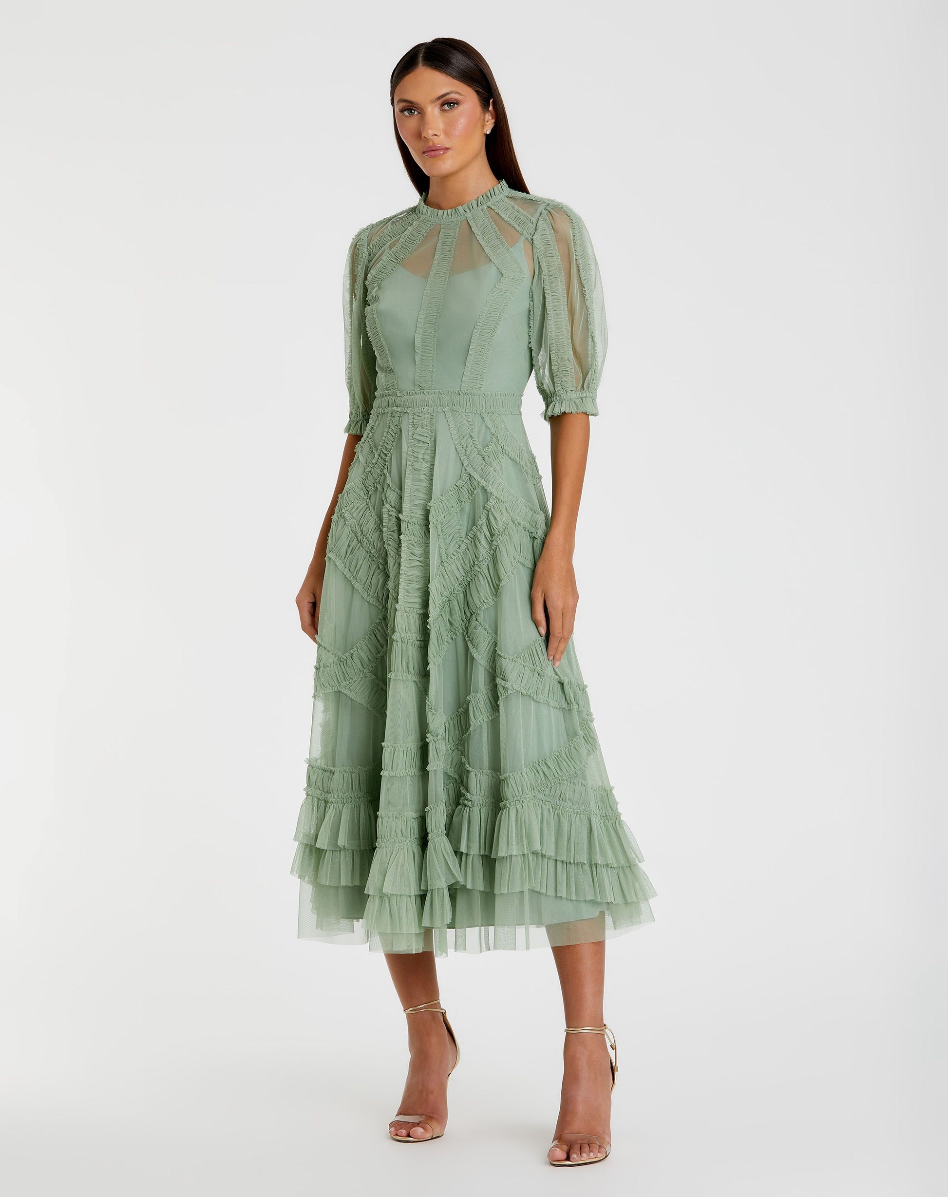 High Neck Puff Sleeve Ruffle Tiered Dress