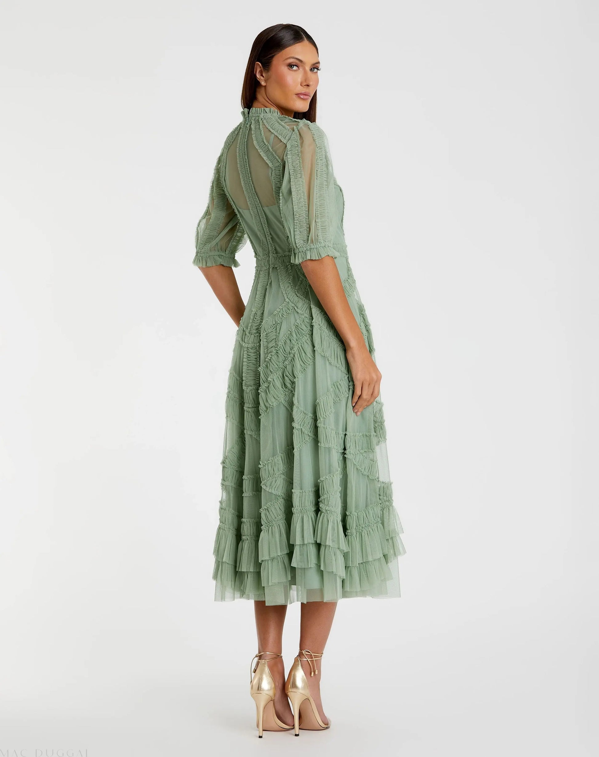 Green High Neck Ruffle Tiered A-Line Midi Dress | Mac Duggal Green High Neck Ruffle Tiered A-Line Midi Dress | Mac Duggal