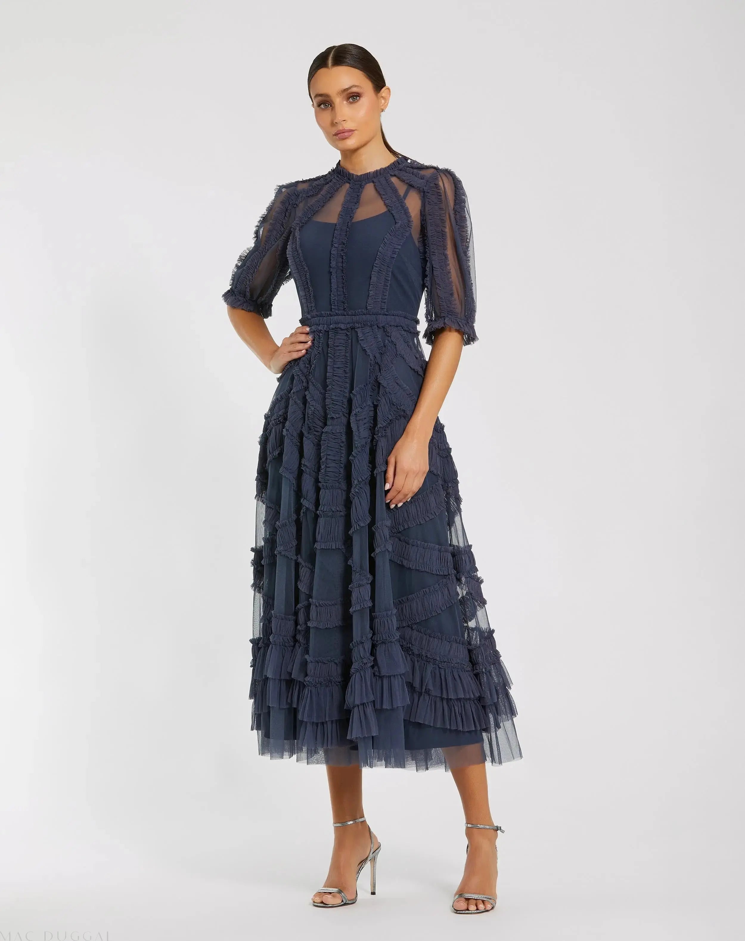 Navy High Neck Micro Ruffle Tiered Midi Dress - Mac Duggal