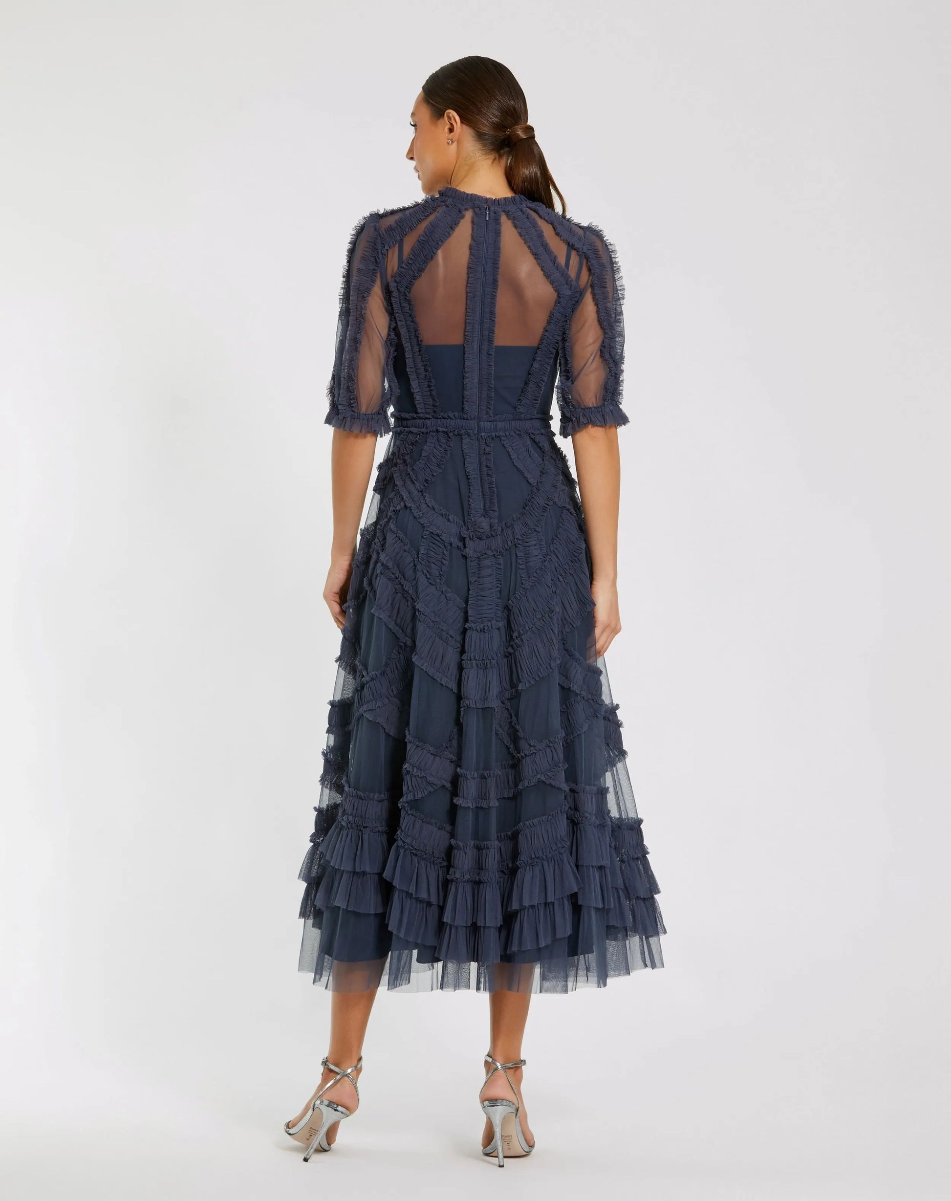 Dark Blue High Neck Ruffle Tiered A-Line Midi Dress | Mac Duggal Dark Blue High Neck Ruffle Tiered A-Line Midi Dress | Mac Duggal