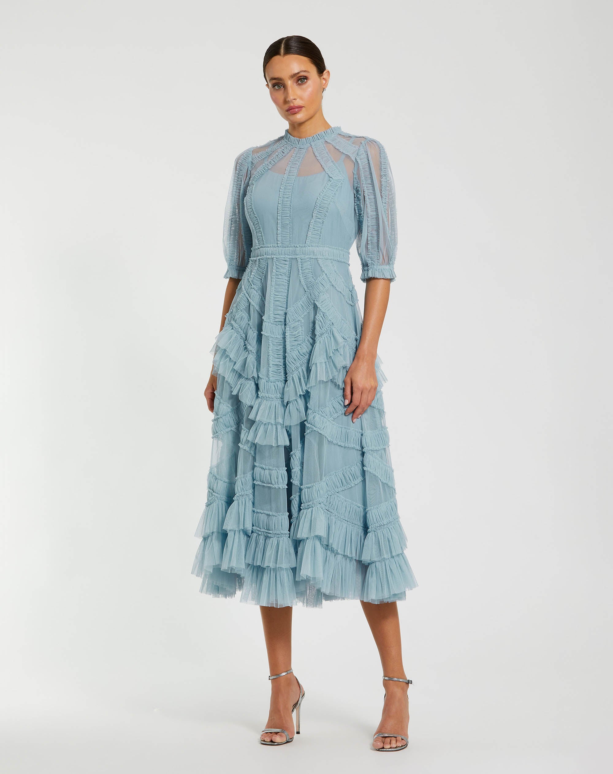 High Neck Puff Sleeve Ruffle Tiered Dress