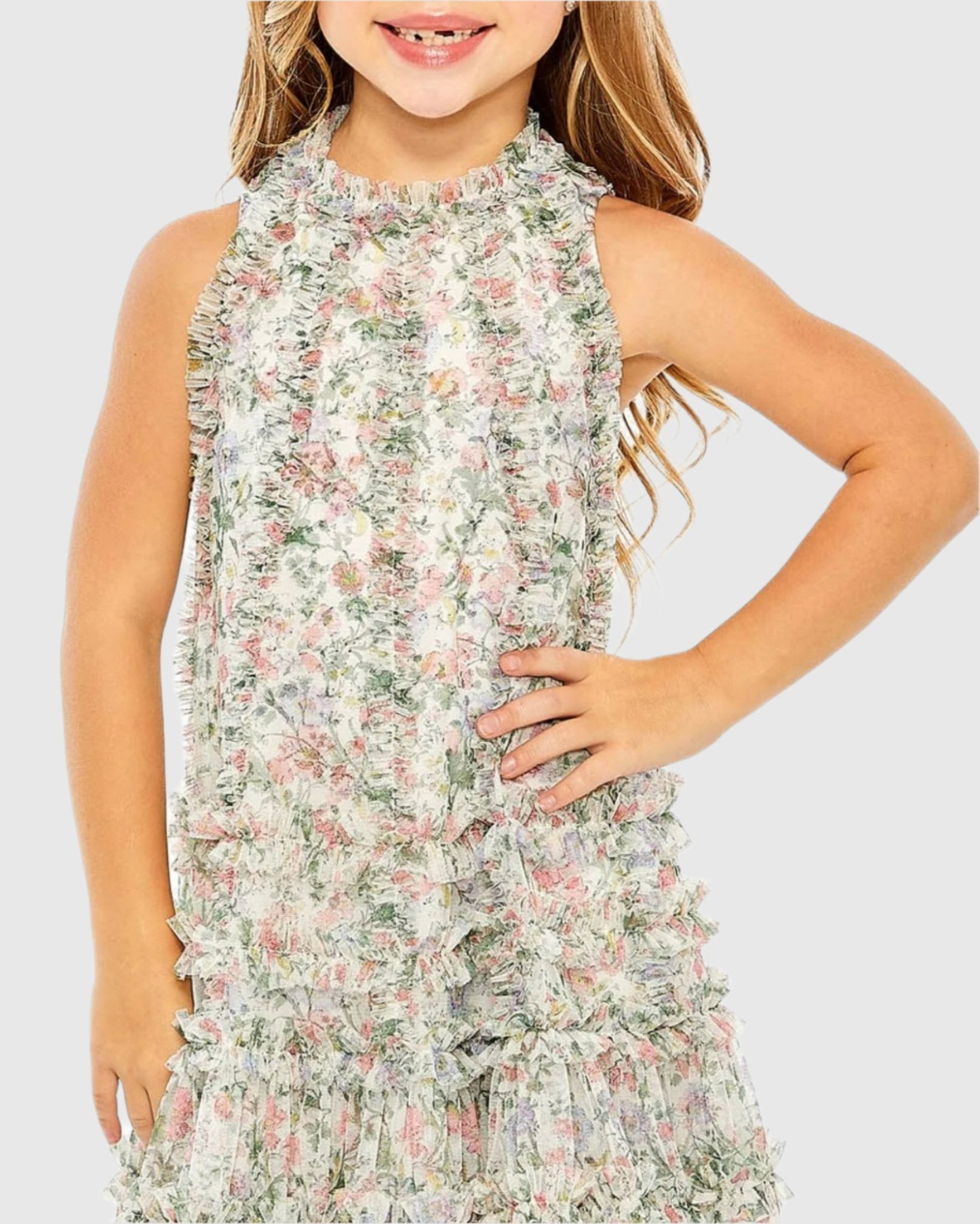 Vestido acampanado con estampado floral de malla para niñas