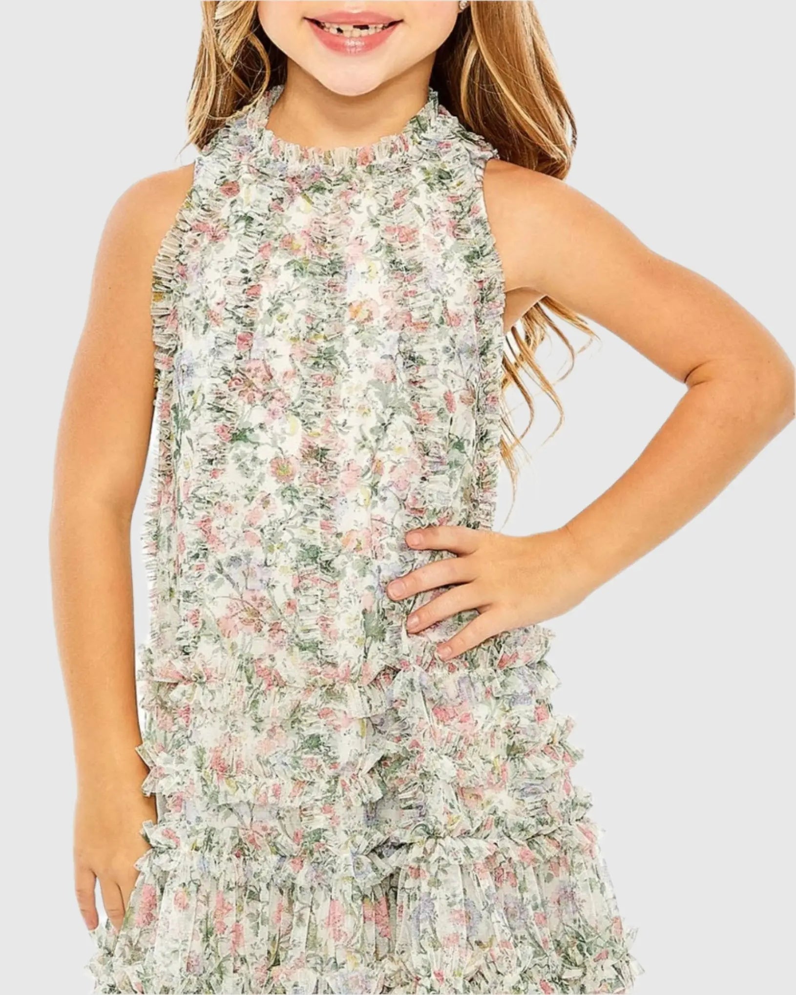 Girls Mesh Floral Print A-Line Dress - Mac Duggal