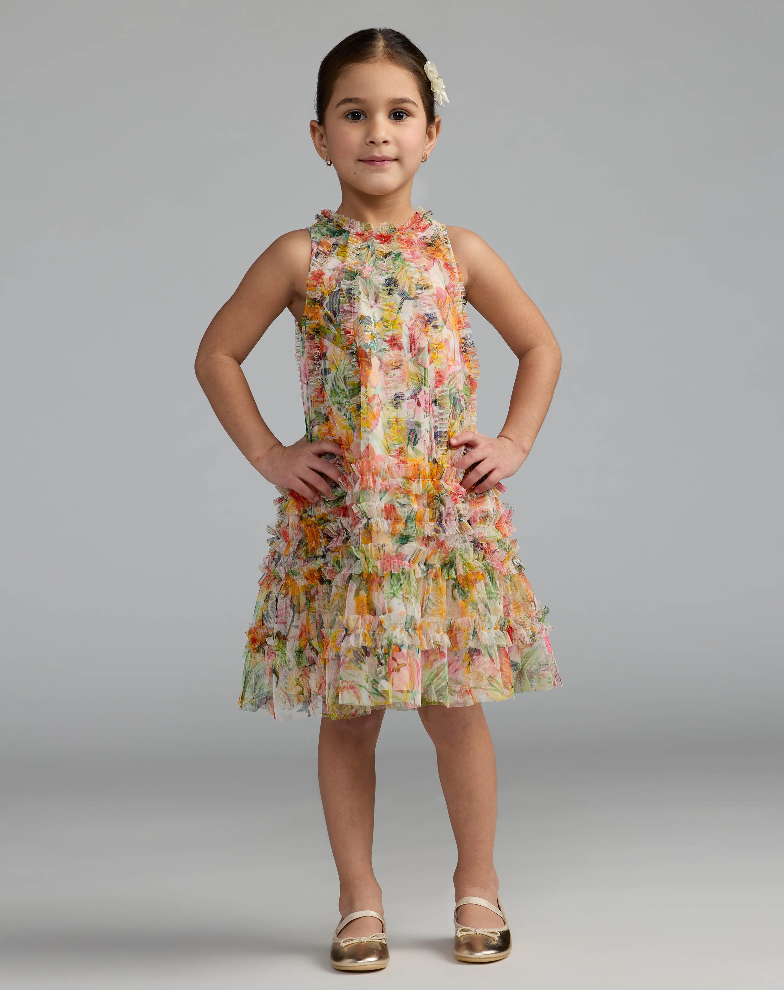 Girls Yellow Mesh Floral Print A-Line Dress Mac Duggal