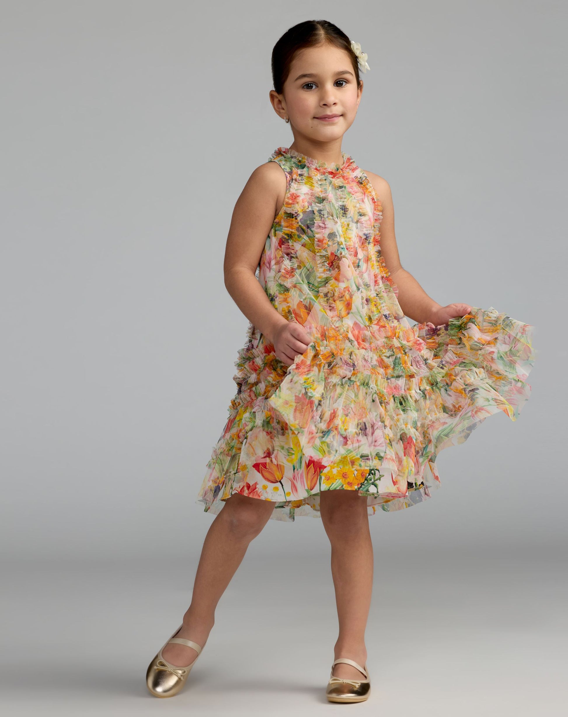 Girls Yellow Floral Print A-Line Dress - Mac Duggal