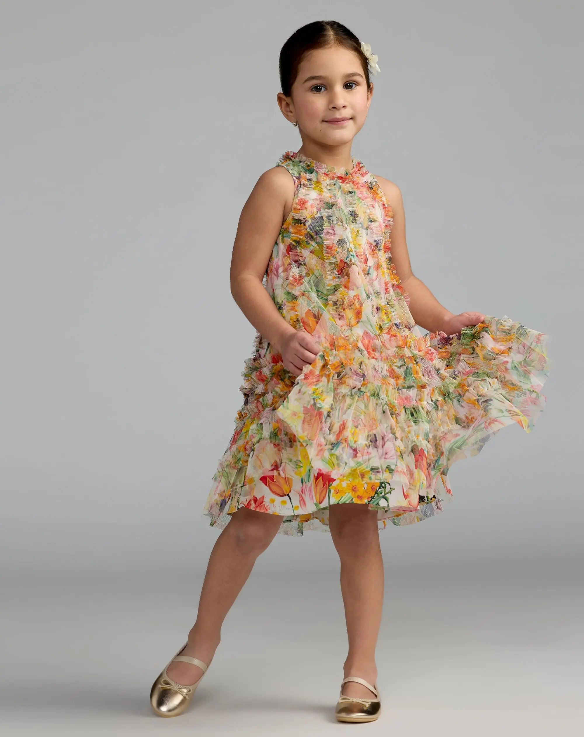 Girls Yellow Floral Print A-Line Dress - Mac Duggal