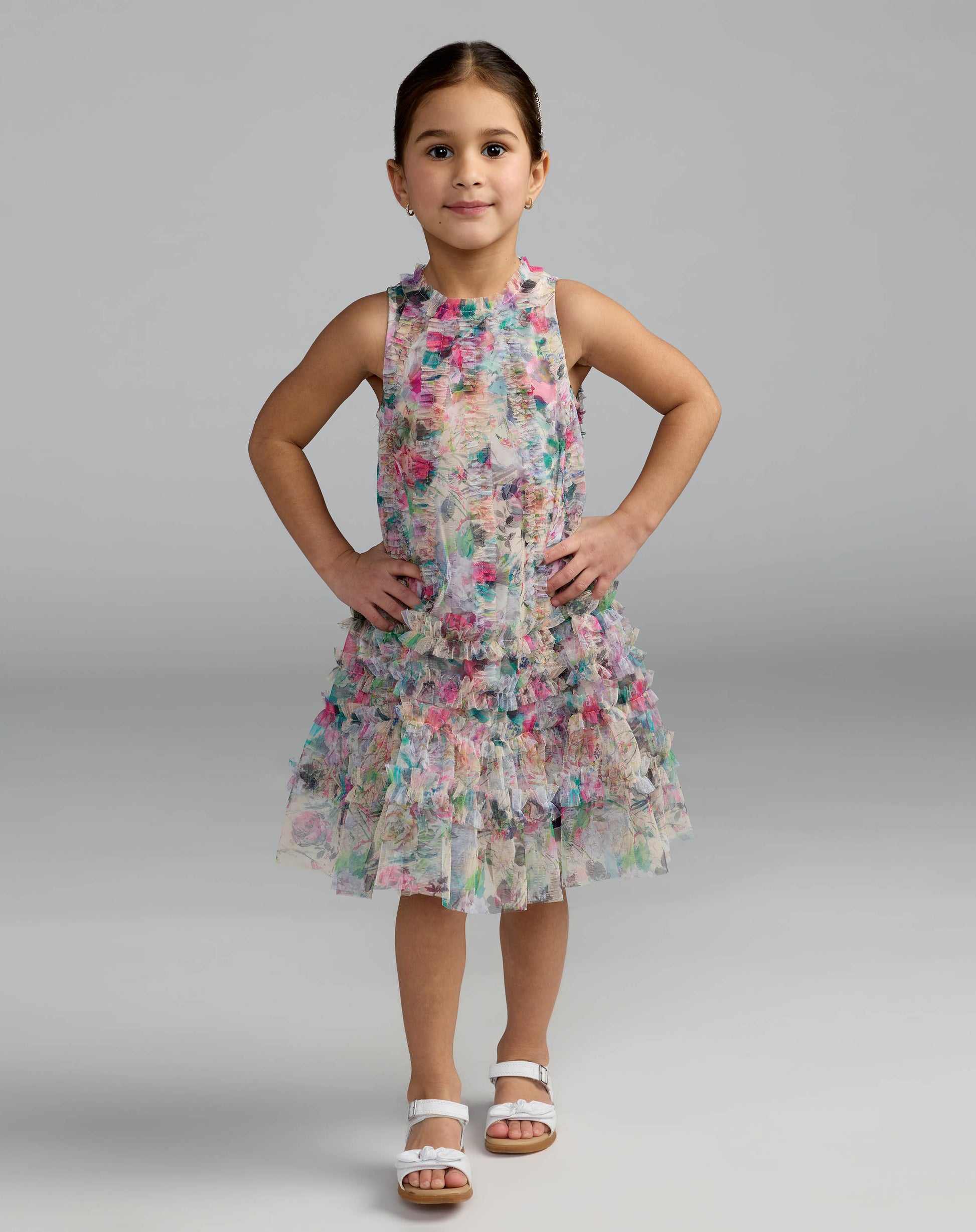 Girls Multicolor Floral Printed Ruffle Mini Dress - Mac Duggal