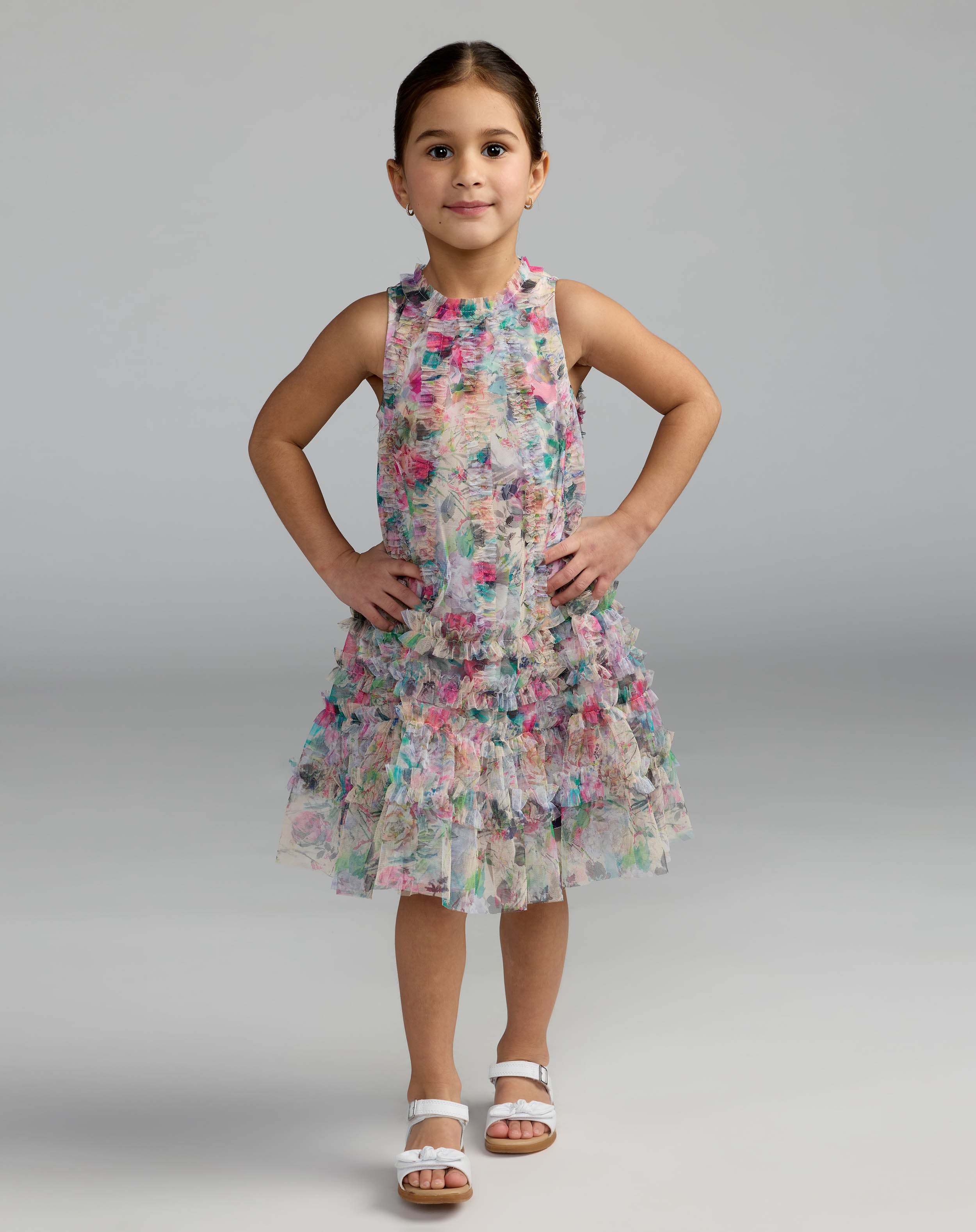 Girls Multicolor Floral Printed Ruffle Mini Dress - Mac Duggal