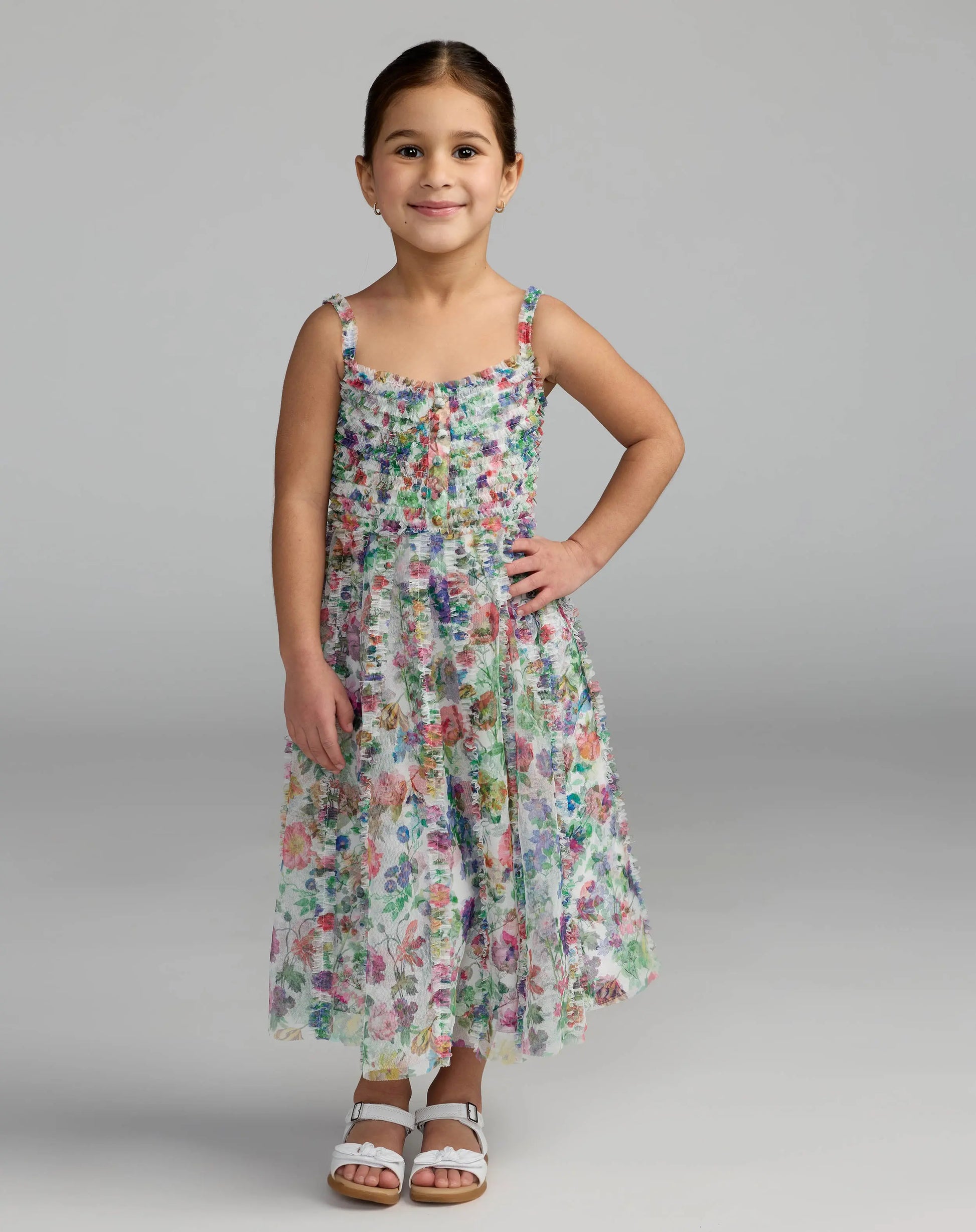 Multicolor Girls Floral Print Ruffle Mini Dress Mac Duggal