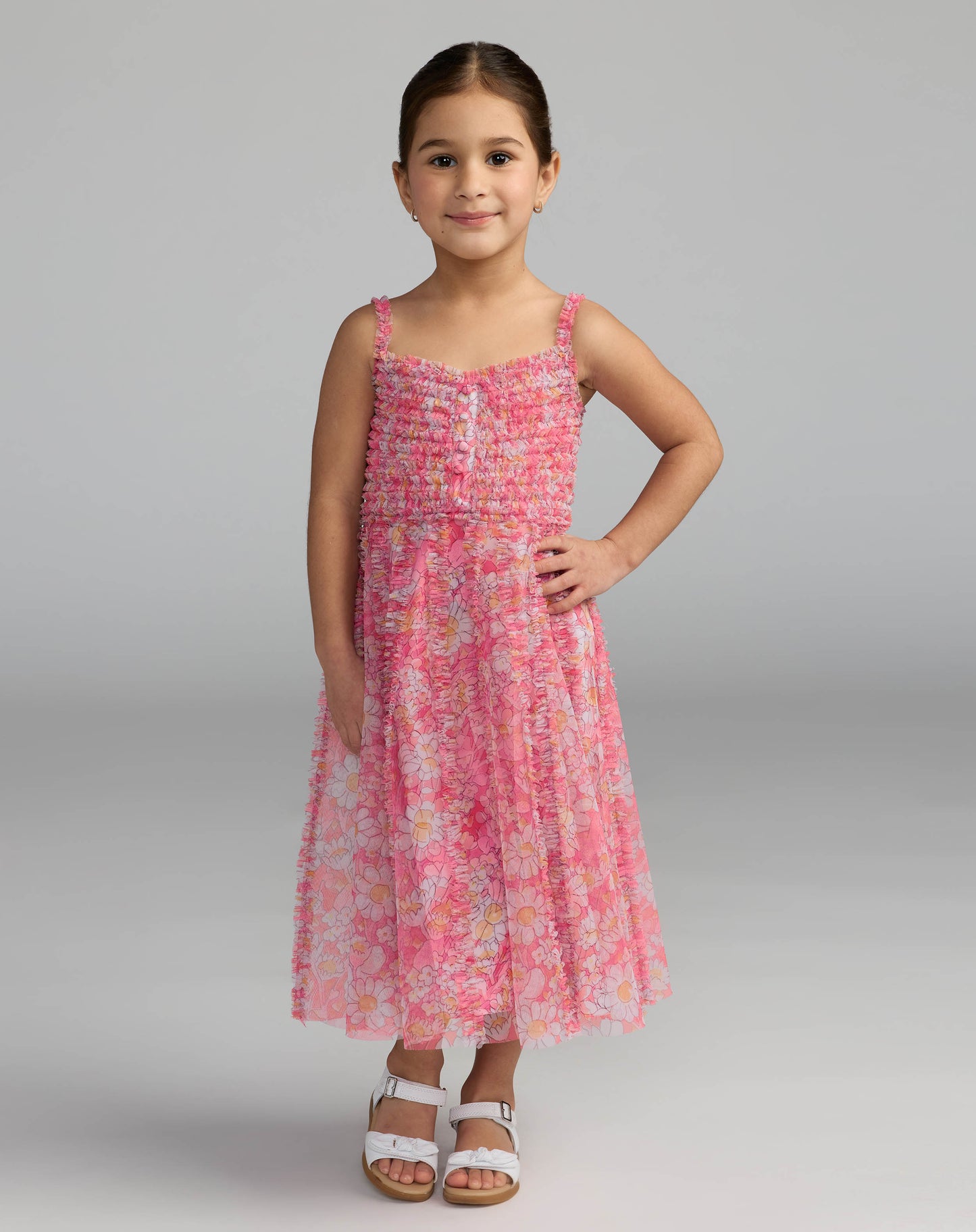 Girls Pink Floral Print Ruffle Mini Dress Mac Duggal