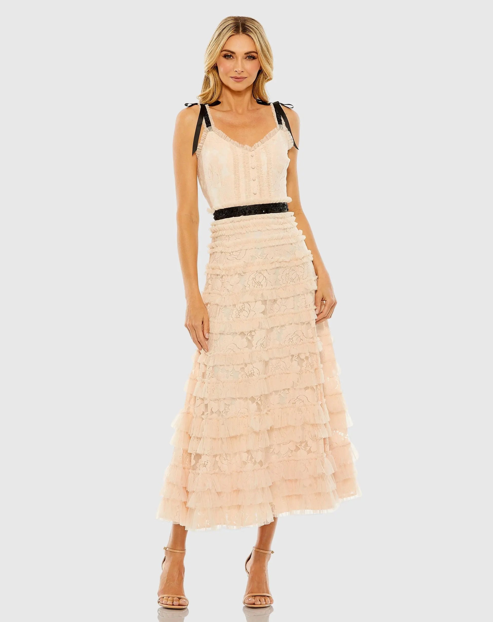 Pink Lace Tiered Midi Dress with Bow Straps | Mac Duggal Pink Lace Tiered Midi Dress with Bow Straps | Mac Duggal