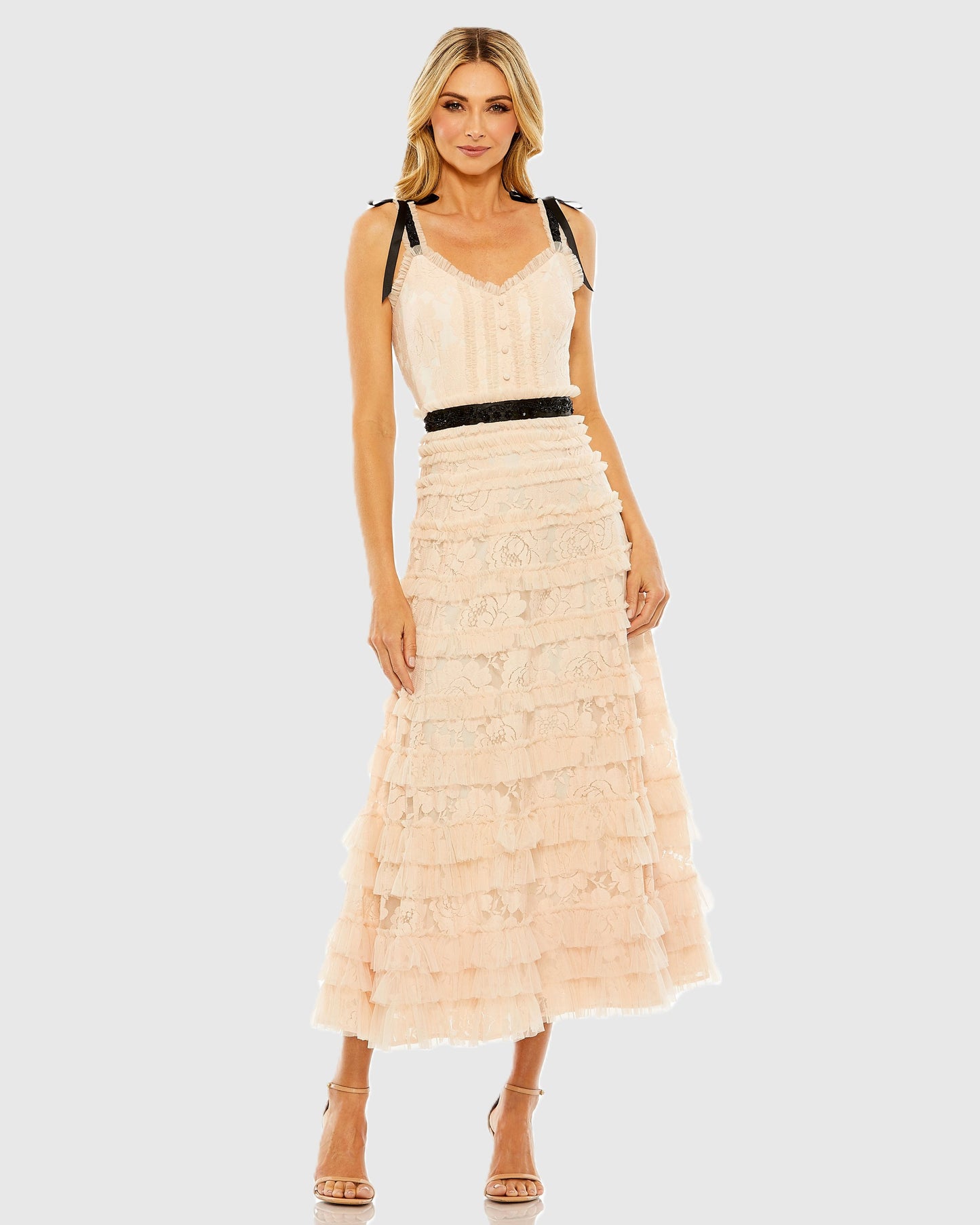 Pink Lace Tiered Midi Dress with Bow Straps Mac Duggal