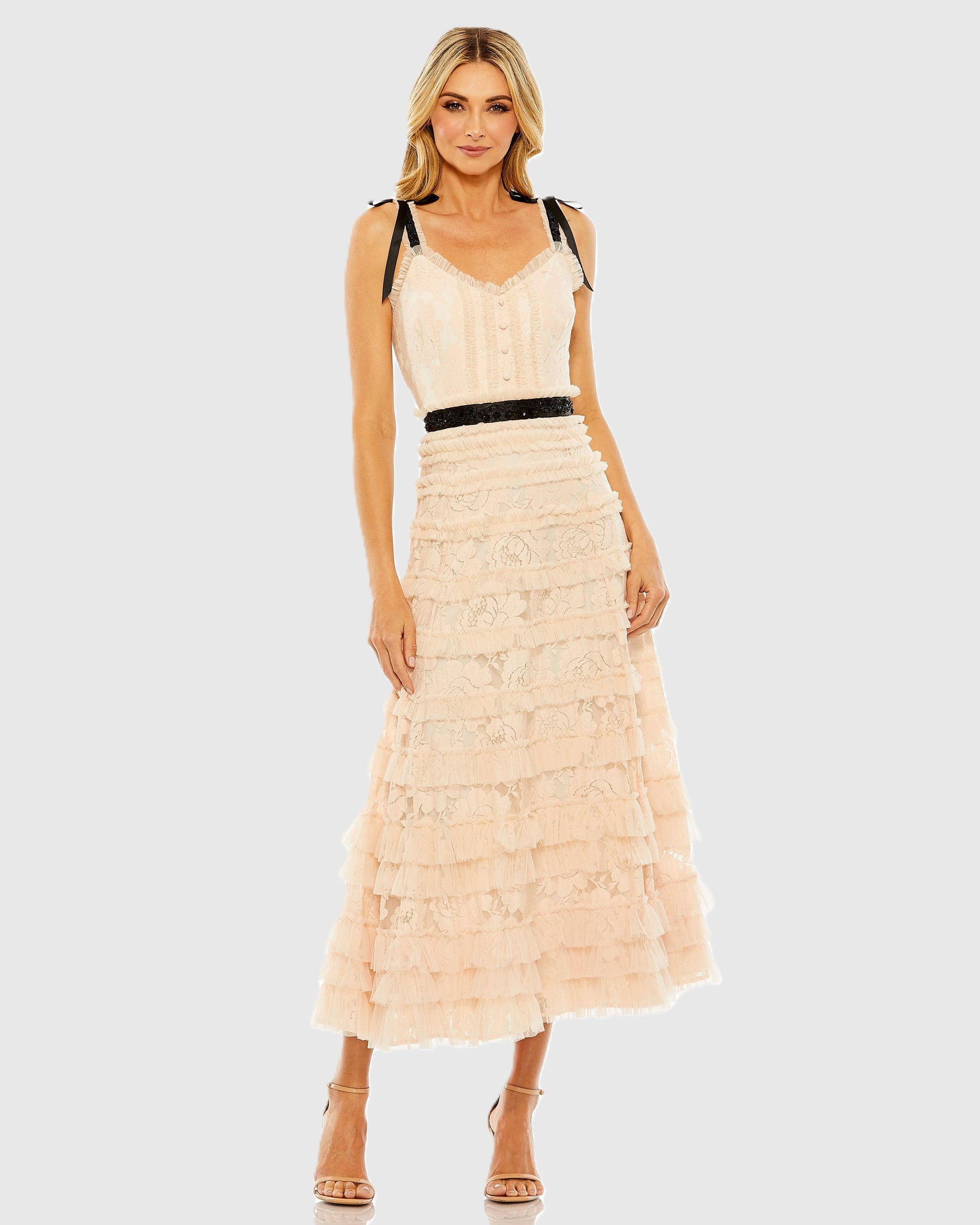Pink Lace Tiered Midi Dress with Bow Straps Mac Duggal