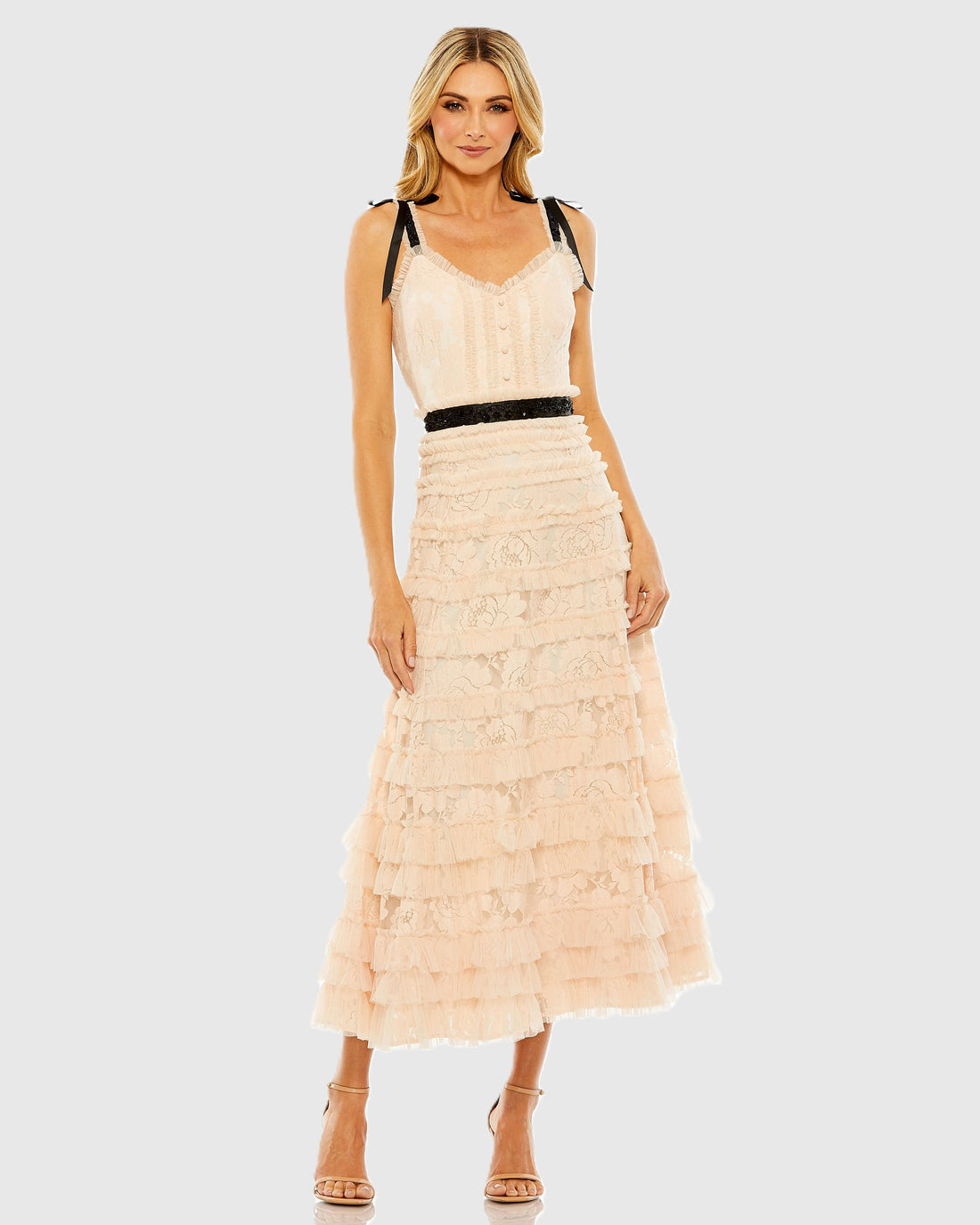 Pink Lace Tiered Midi Dress with Bow Straps Mac Duggal