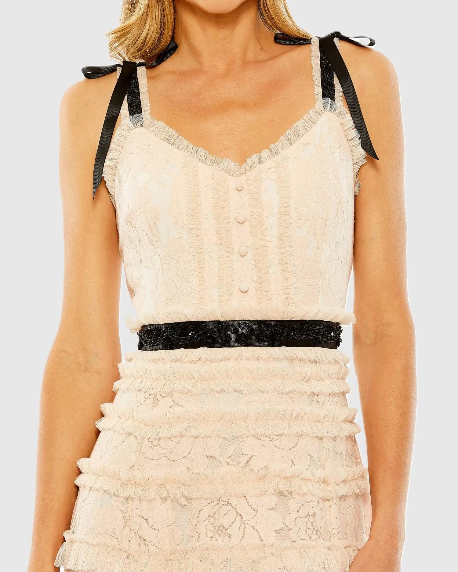 Pink Lace Tiered Midi Dress with Bow Straps - Mac Duggal