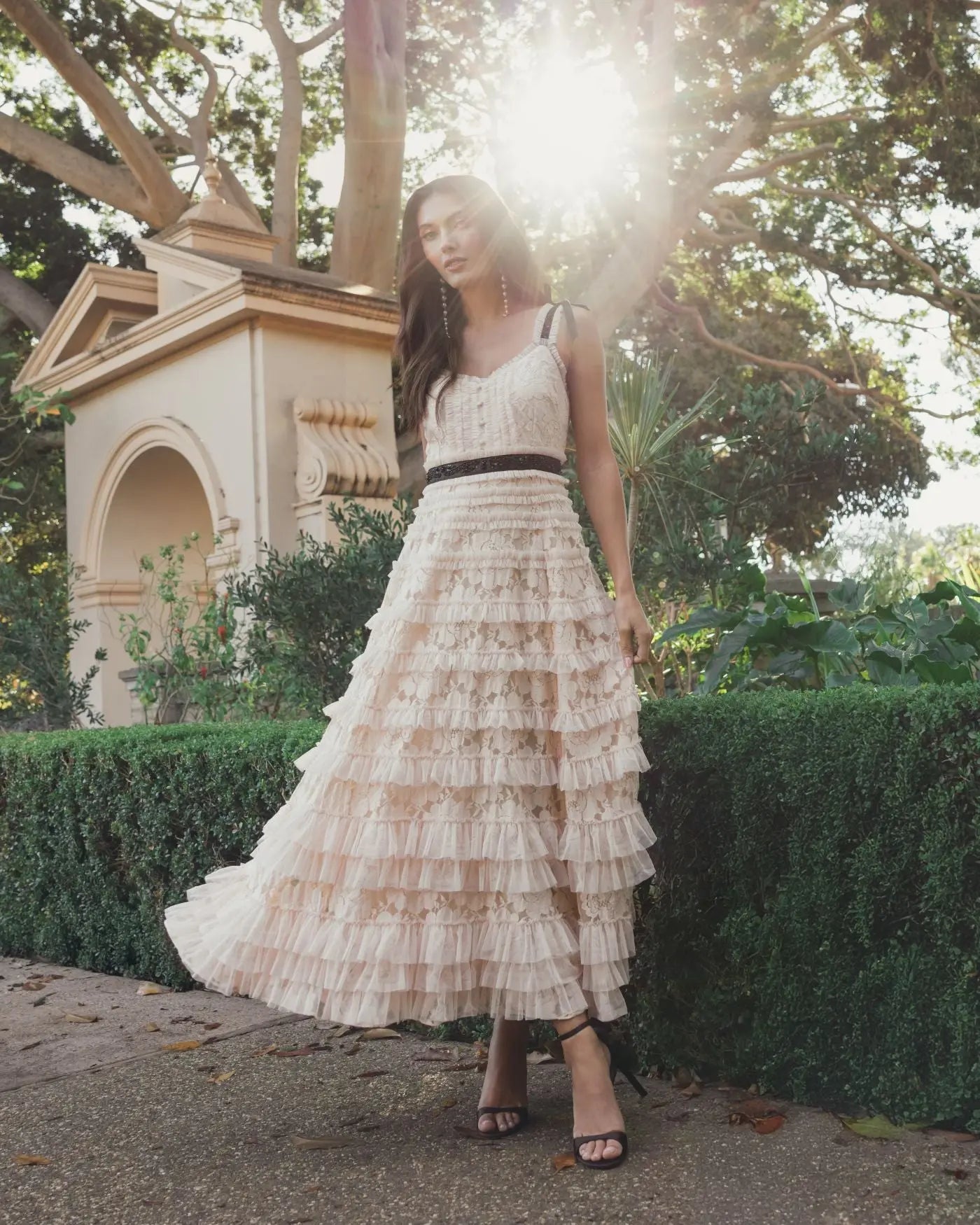 Pink Lace Tiered Midi Dress with Bow Straps Mac Duggal