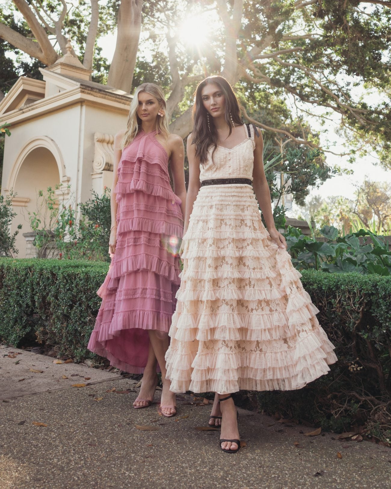 Pink Lace Tiered Midi Dress with Bow Straps Mac Duggal